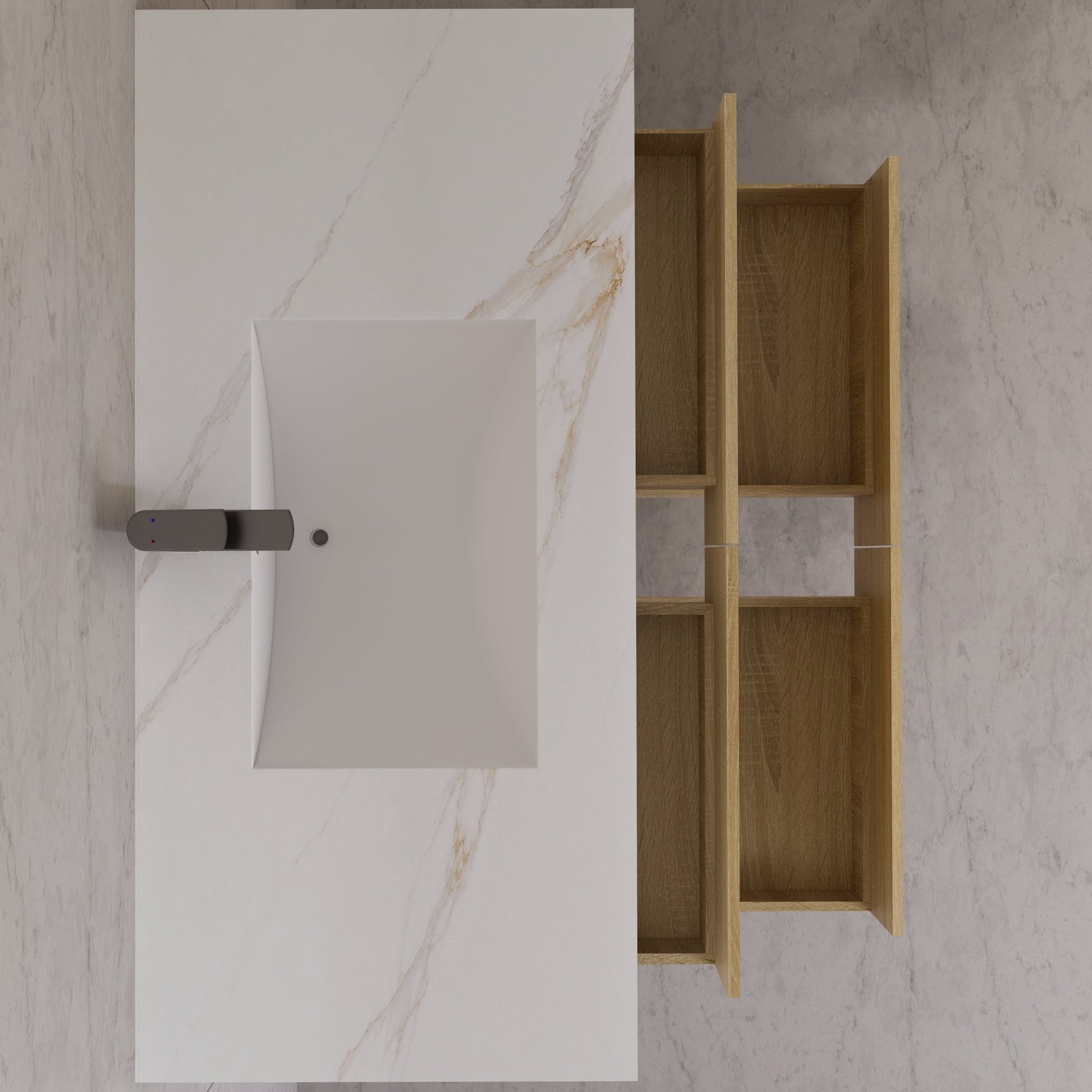 48"，60" Light Oak Sintered Stone Top With Four Drawer Floating Bathroom Vanity -VanityLight Oak