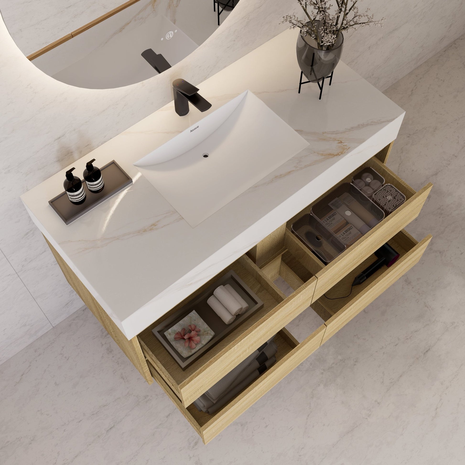 48"，60" Light Oak Sintered Stone Top With Four Drawer Floating Bathroom Vanity -VanityLight Oak