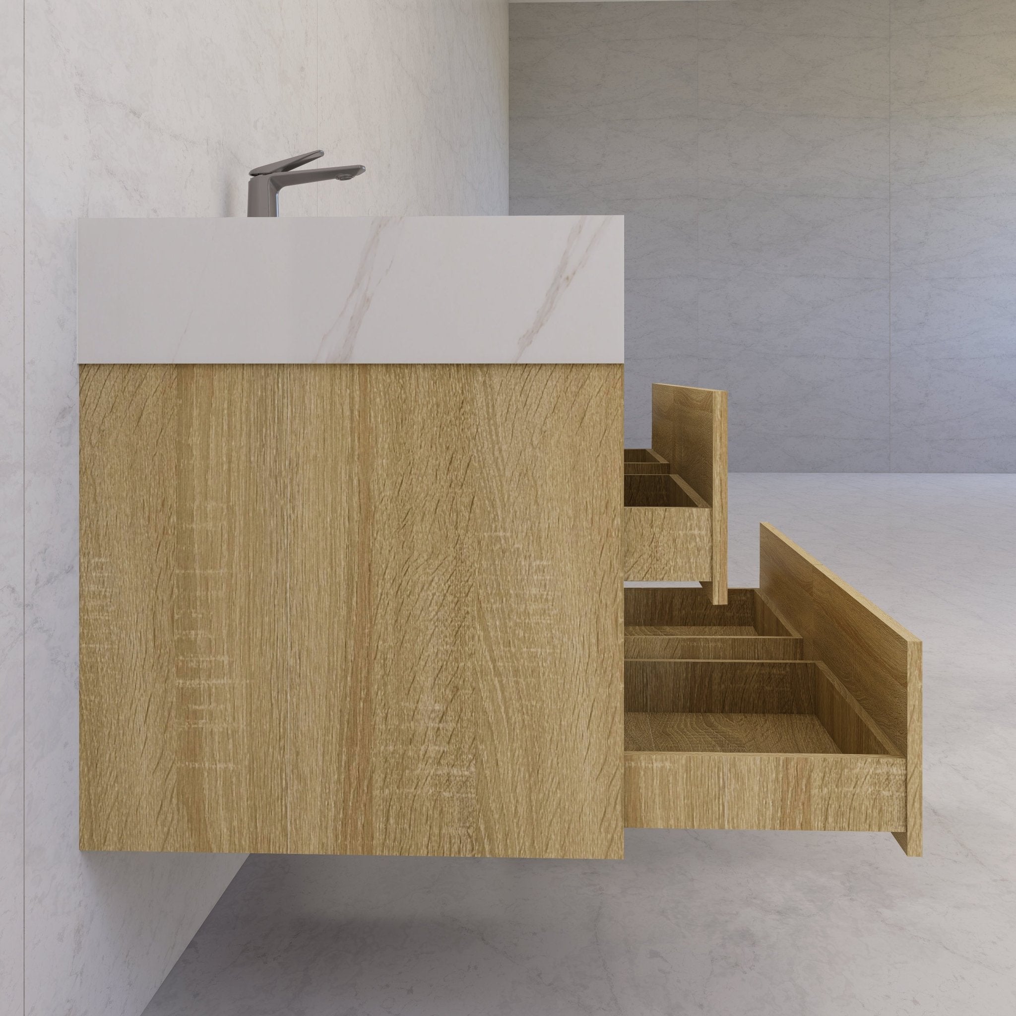 48"，60" Light Oak Sintered Stone Top With Four Drawer Floating Bathroom Vanity -VanityLight Oak