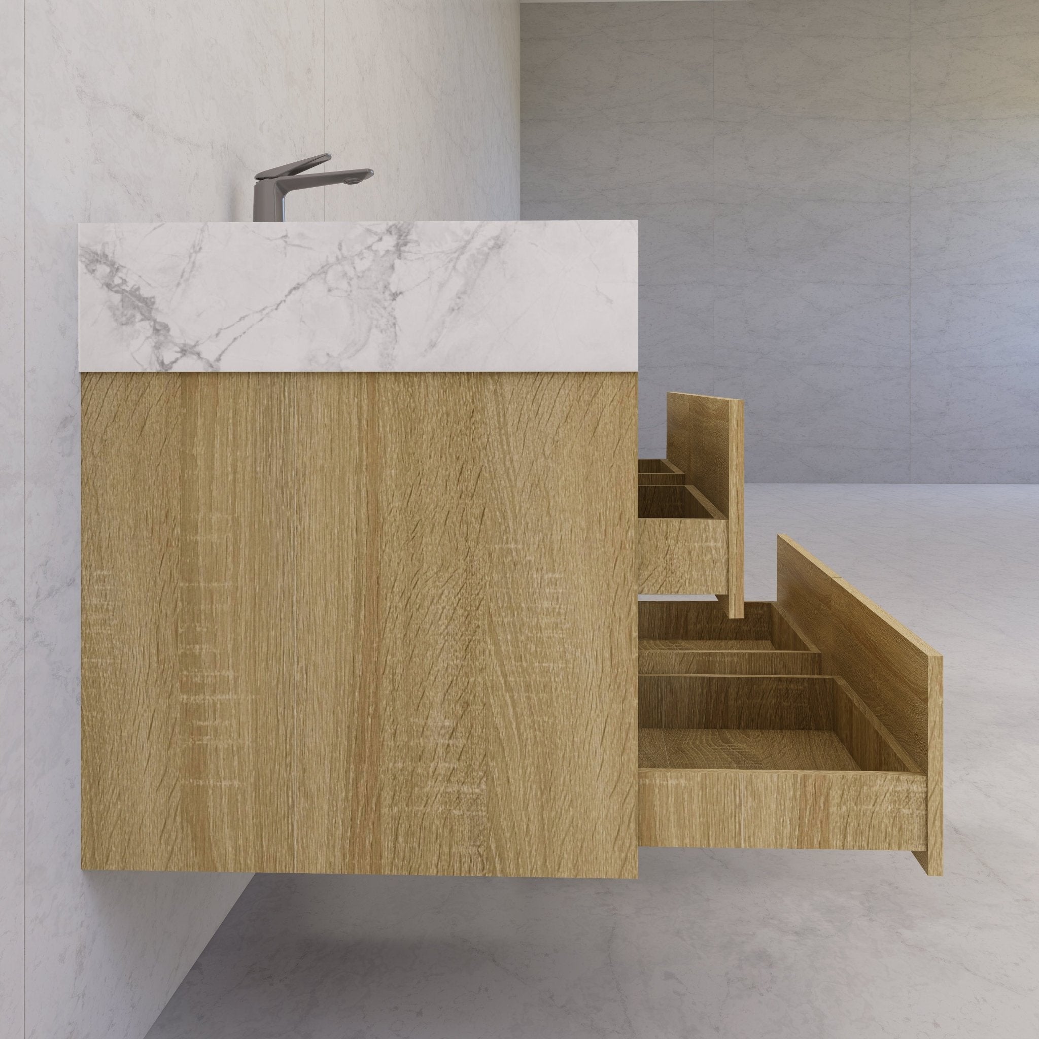 48"，60" Light Oak Sintered Stone Top With Four Drawer Floating Bathroom Vanity -VanityLight Oak
