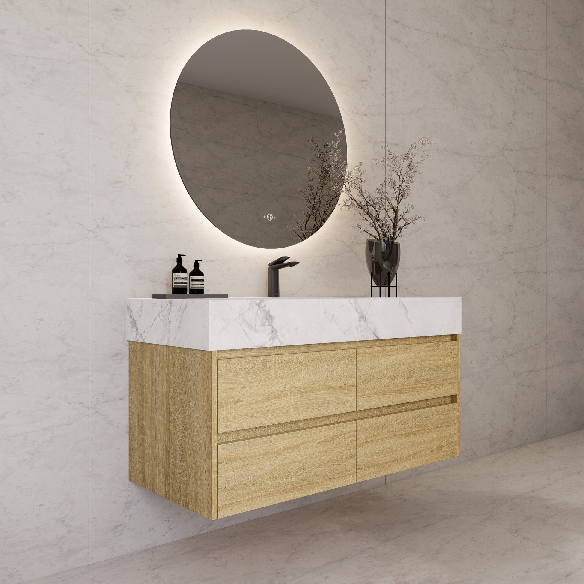 48"，60" Light Oak Sintered Stone Top With Four Drawer Floating Bathroom Vanity -VanityLight Oak