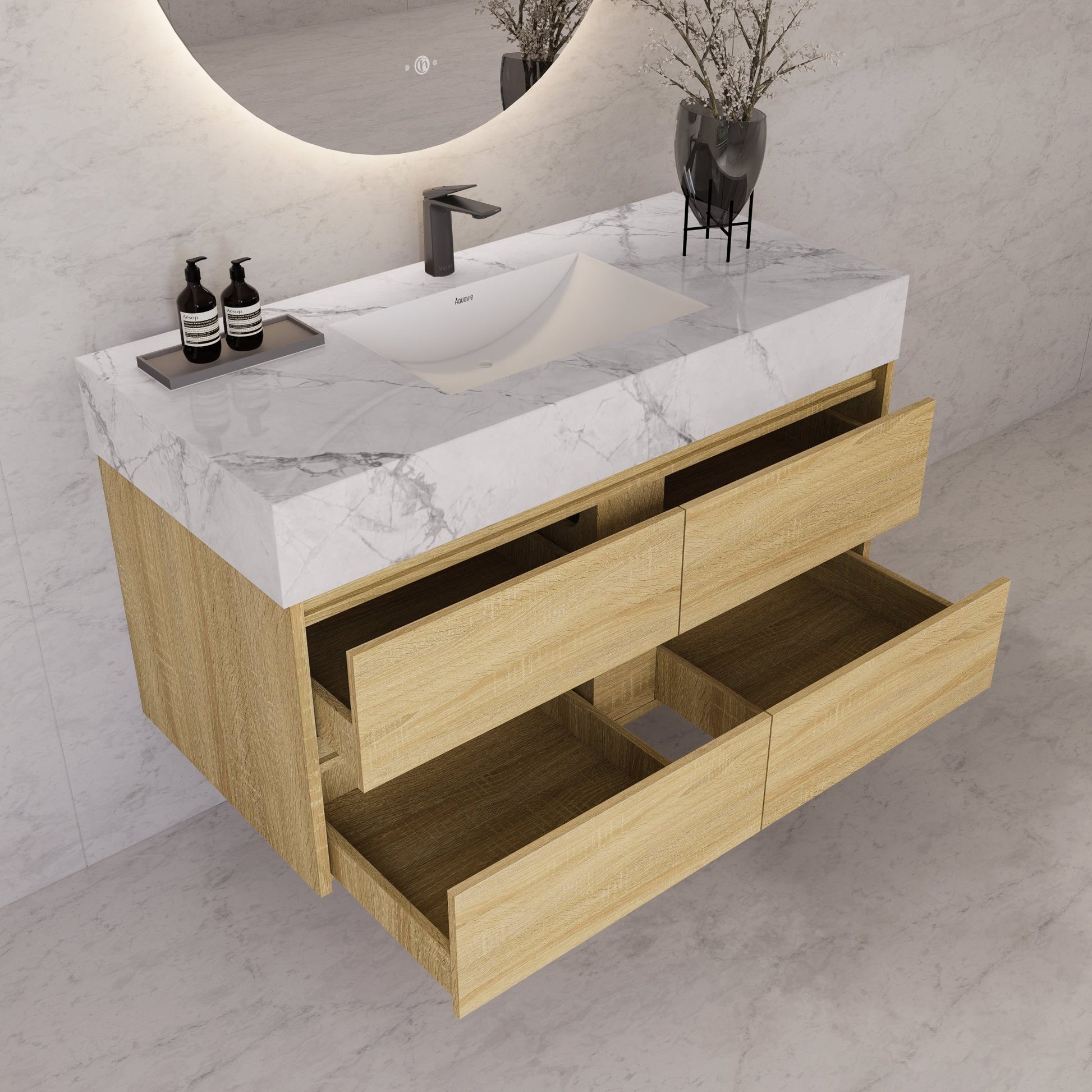 48"，60" Light Oak Sintered Stone Top With Four Drawer Floating Bathroom Vanity -VanityLight Oak