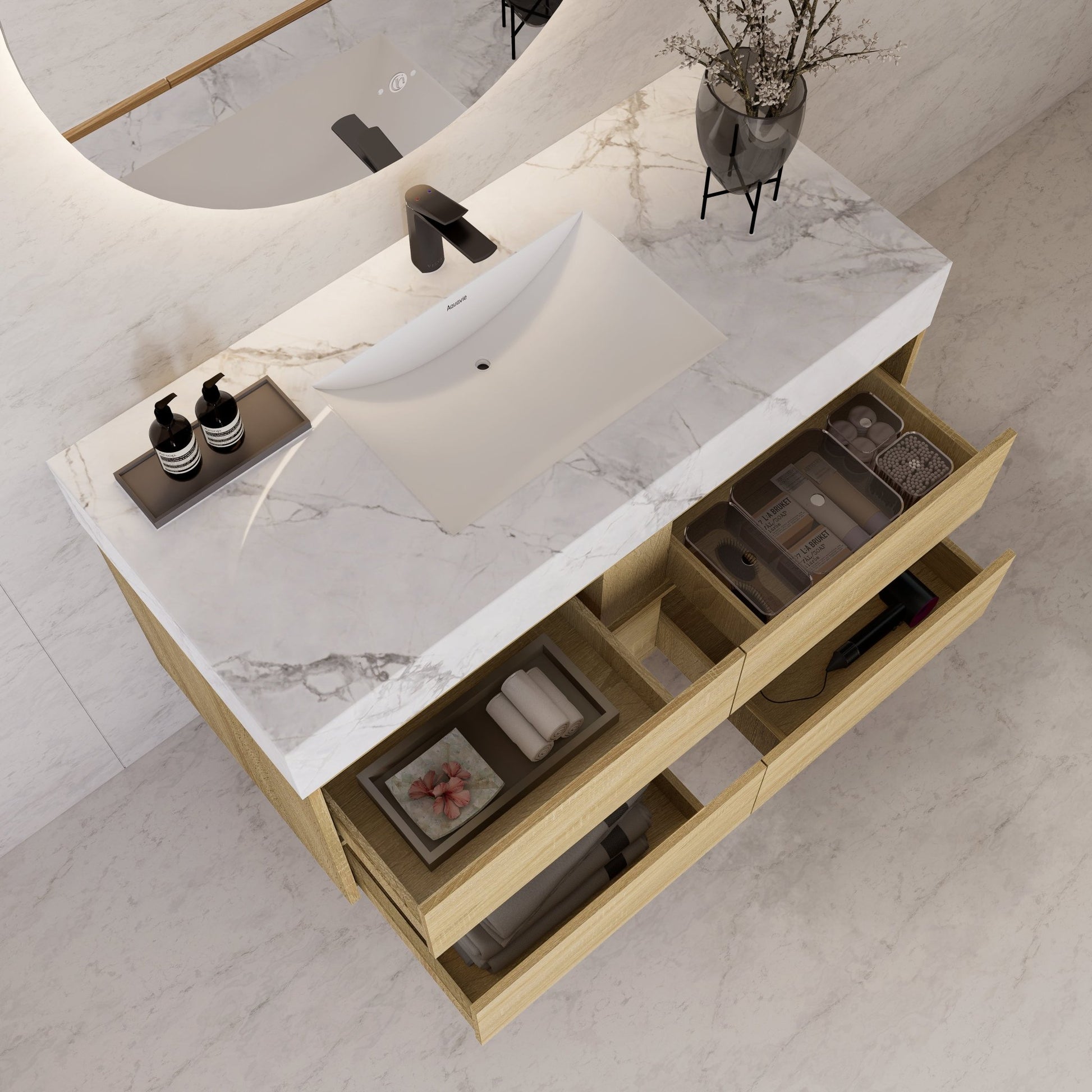 48"，60" Light Oak Sintered Stone Top With Four Drawer Floating Bathroom Vanity -VanityLight Oak
