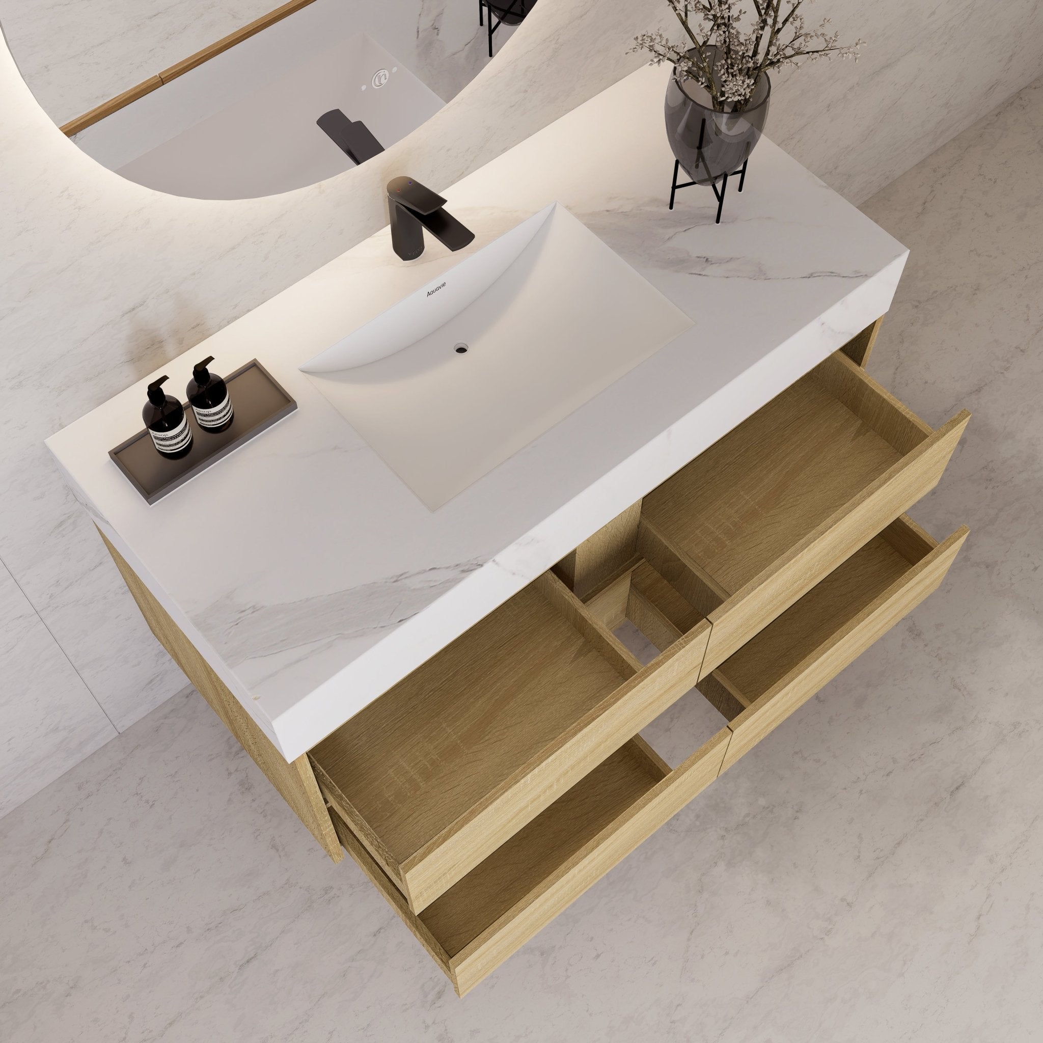48"，60" Light Oak Sintered Stone Top With Four Drawer Floating Bathroom Vanity -VanityLight Oak