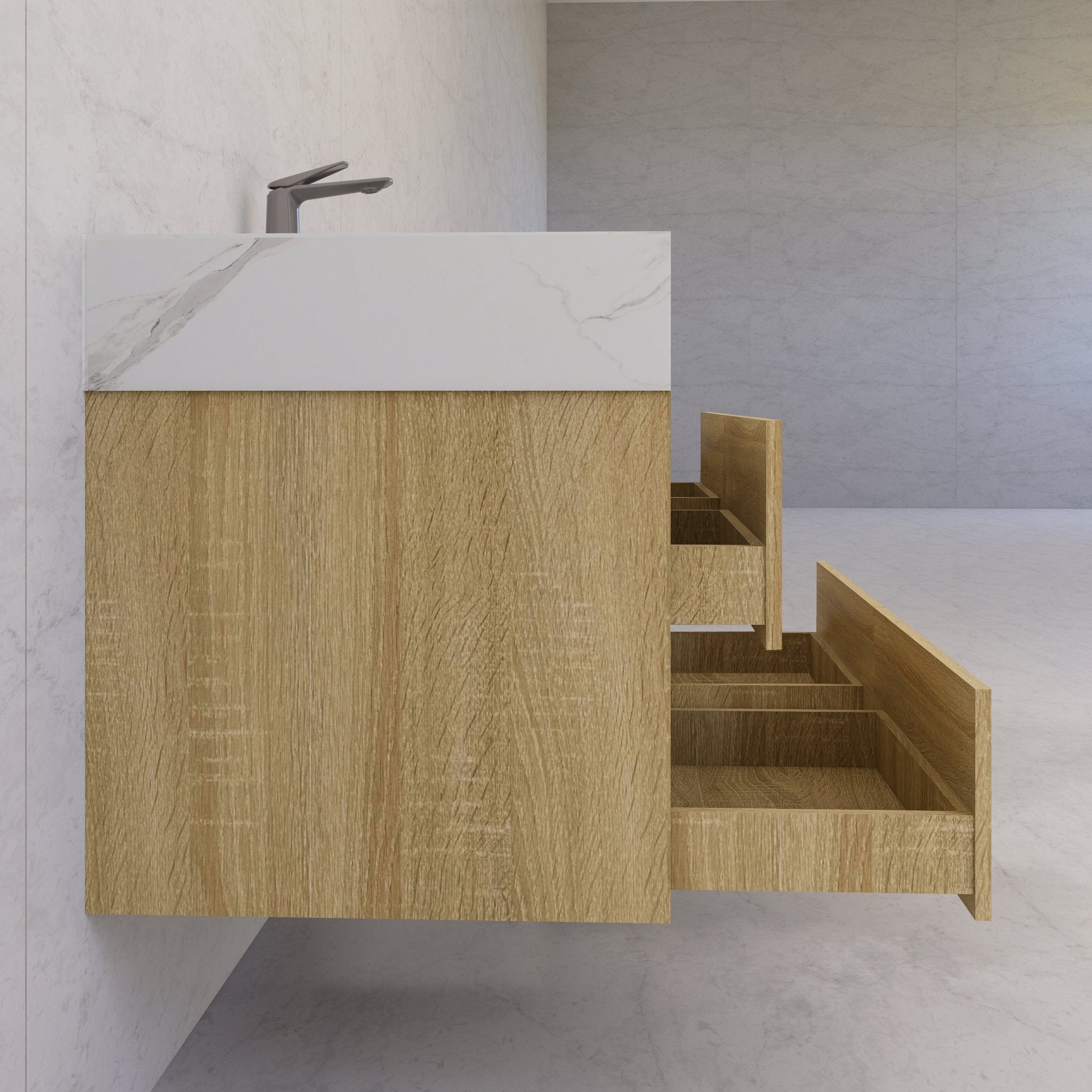 48"，60" Light Oak Sintered Stone Top With Four Drawer Floating Bathroom Vanity -VanityLight Oak