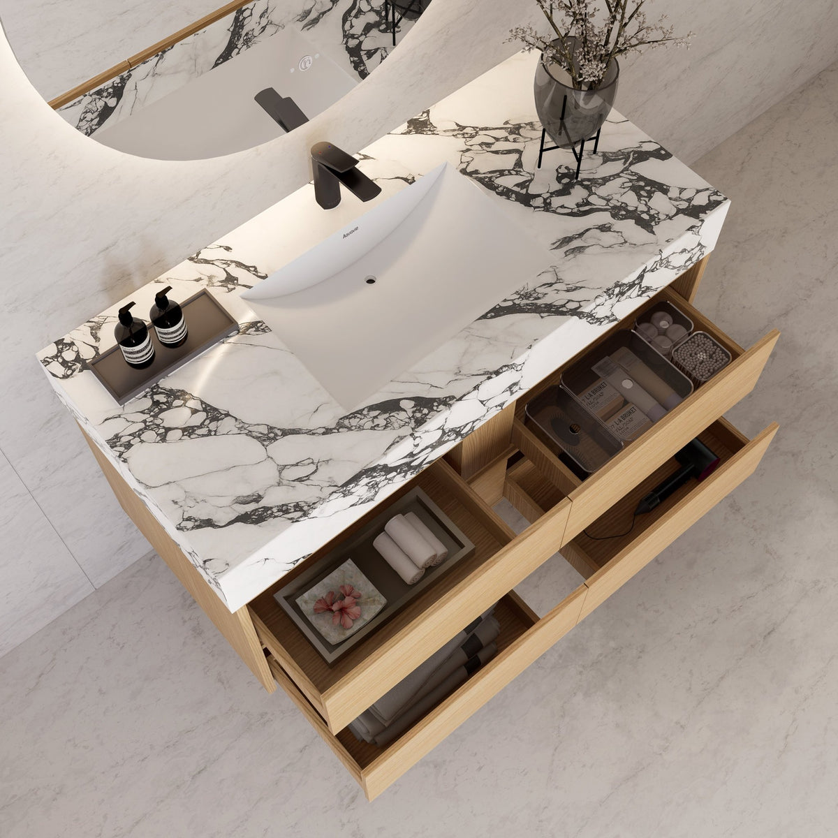48"，60" Nature Oak Sintered Stone Top With Four Drawer Floating Bathroom Vanity -VanityNature Oak