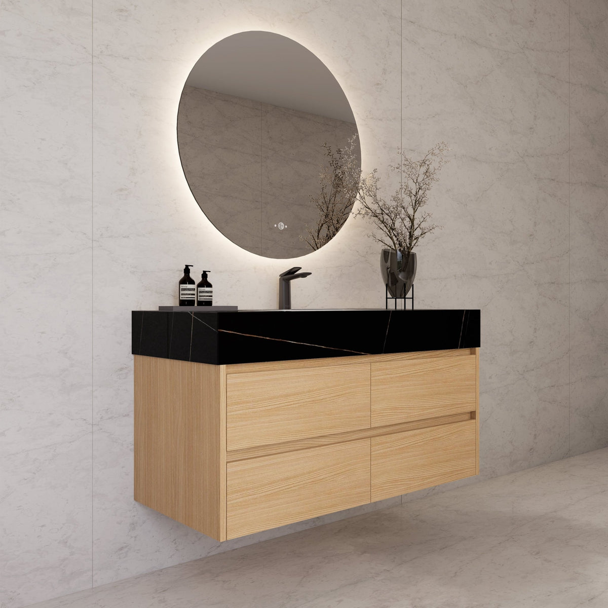 48"，60" Nature Oak Sintered Stone Top With Four Drawer Floating Bathroom Vanity -VanityNature Oak
