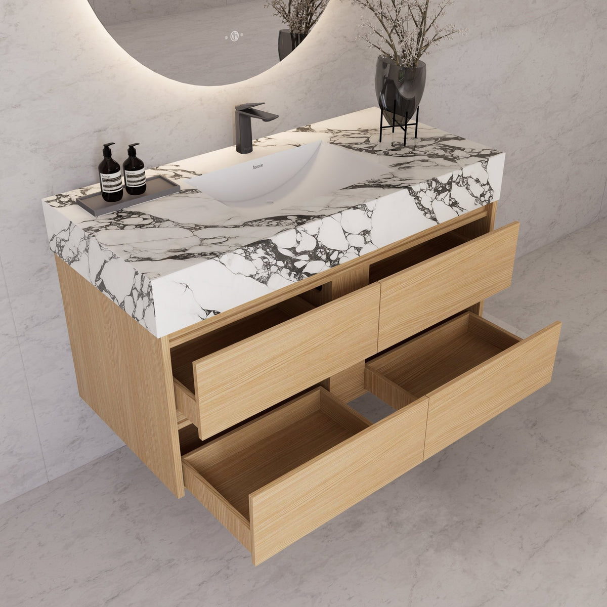 48"，60" Nature Oak Sintered Stone Top With Four Drawer Floating Bathroom Vanity -VanityNature Oak