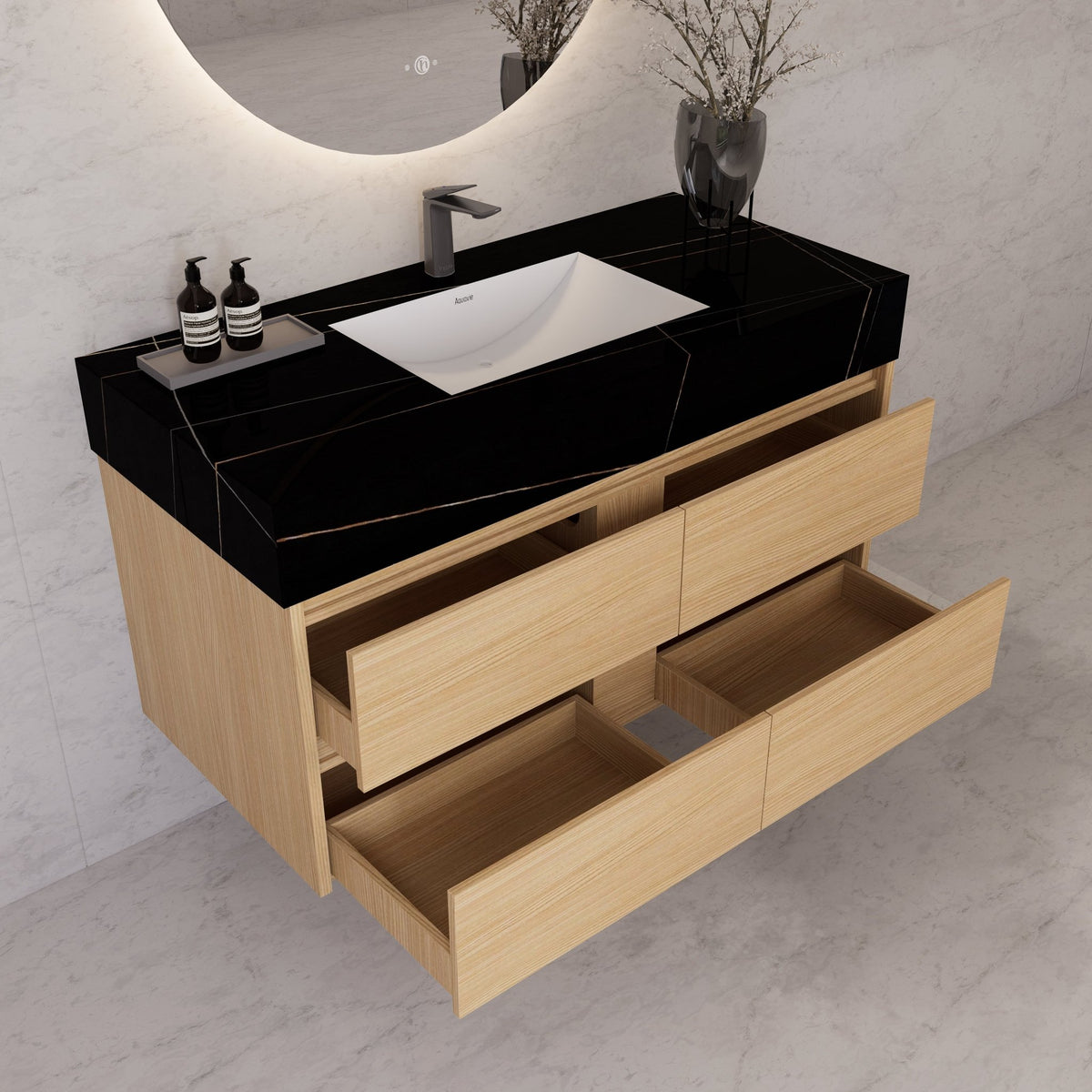 48"，60" Nature Oak Sintered Stone Top With Four Drawer Floating Bathroom Vanity -VanityNature Oak