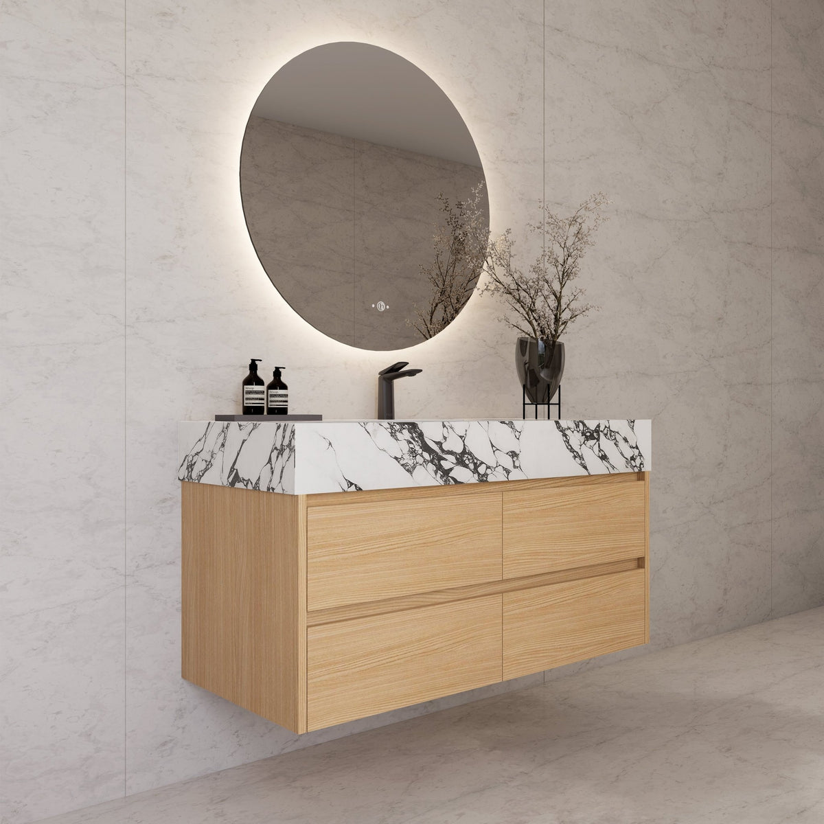 48"，60" Nature Oak Sintered Stone Top With Four Drawer Floating Bathroom Vanity -VanityNature Oak