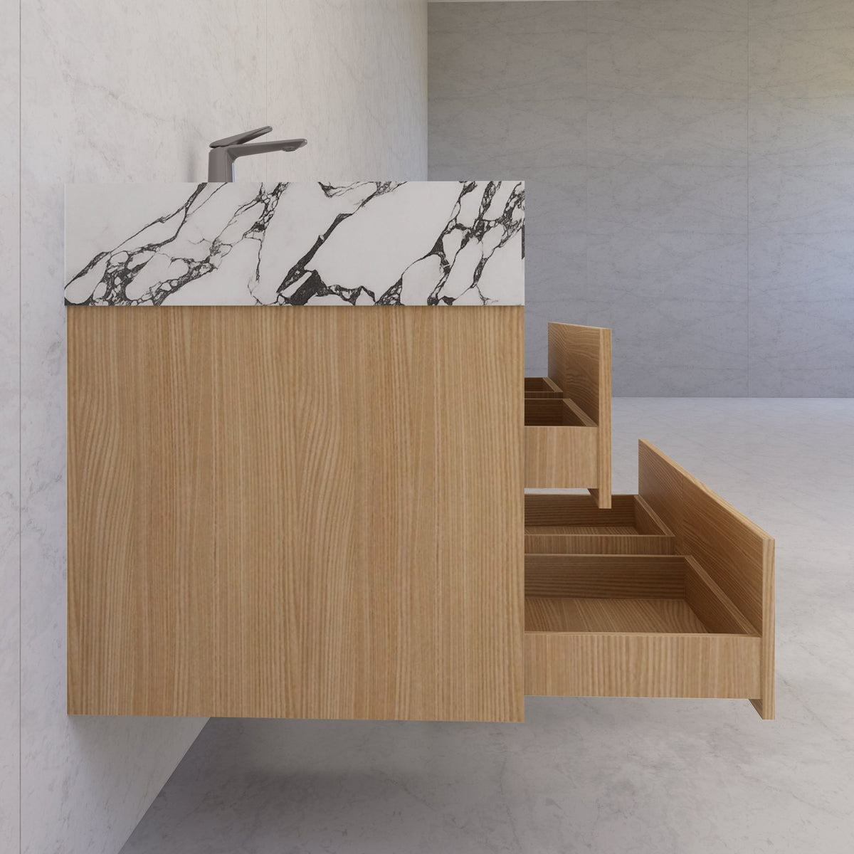 48"，60" Nature Oak Sintered Stone Top With Four Drawer Floating Bathroom Vanity -VanityNature Oak