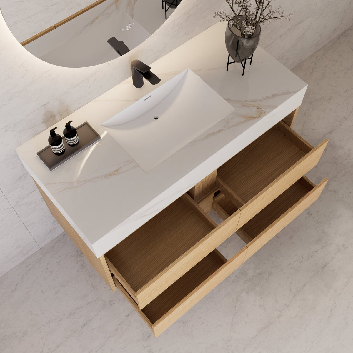48"，60" Nature Oak Sintered Stone Top With Four Drawer Floating Bathroom Vanity -VanityNature Oak
