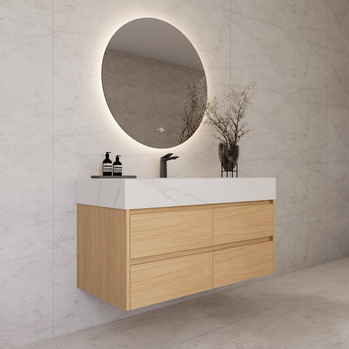 48"，60" Nature Oak Sintered Stone Top With Four Drawer Floating Bathroom Vanity -VanityNature Oak