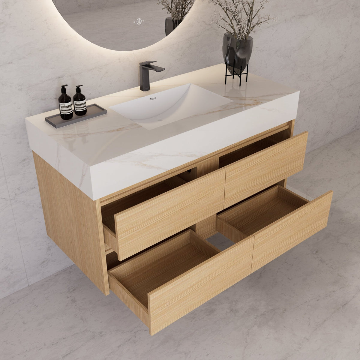 48"，60" Nature Oak Sintered Stone Top With Four Drawer Floating Bathroom Vanity -VanityNature Oak