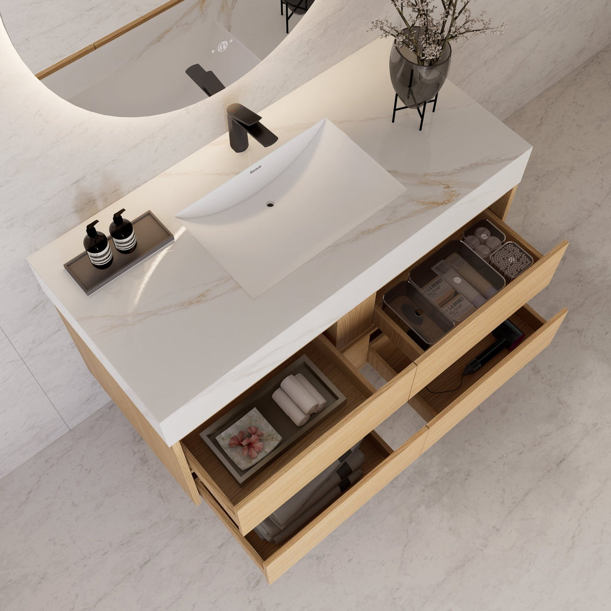 48"，60" Nature Oak Sintered Stone Top With Four Drawer Floating Bathroom Vanity -VanityNature Oak