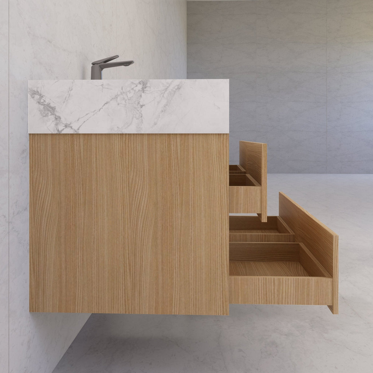 48"，60" Nature Oak Sintered Stone Top With Four Drawer Floating Bathroom Vanity -VanityNature Oak