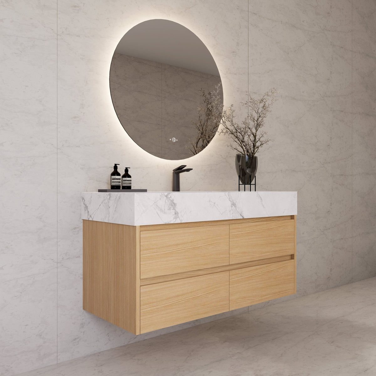 48"，60" Nature Oak Sintered Stone Top With Four Drawer Floating Bathroom Vanity -VanityNature Oak