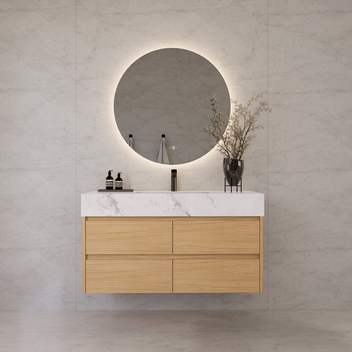 48"，60" Nature Oak Sintered Stone Top With Four Drawer Floating Bathroom Vanity -VanityNature Oak