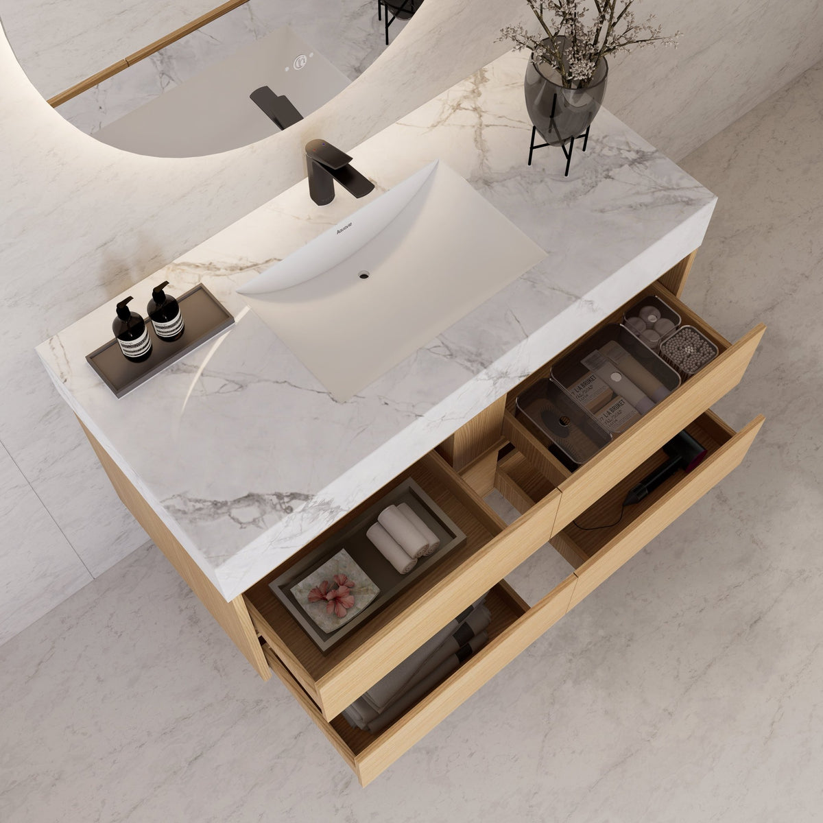 48"，60" Nature Oak Sintered Stone Top With Four Drawer Floating Bathroom Vanity -VanityNature Oak