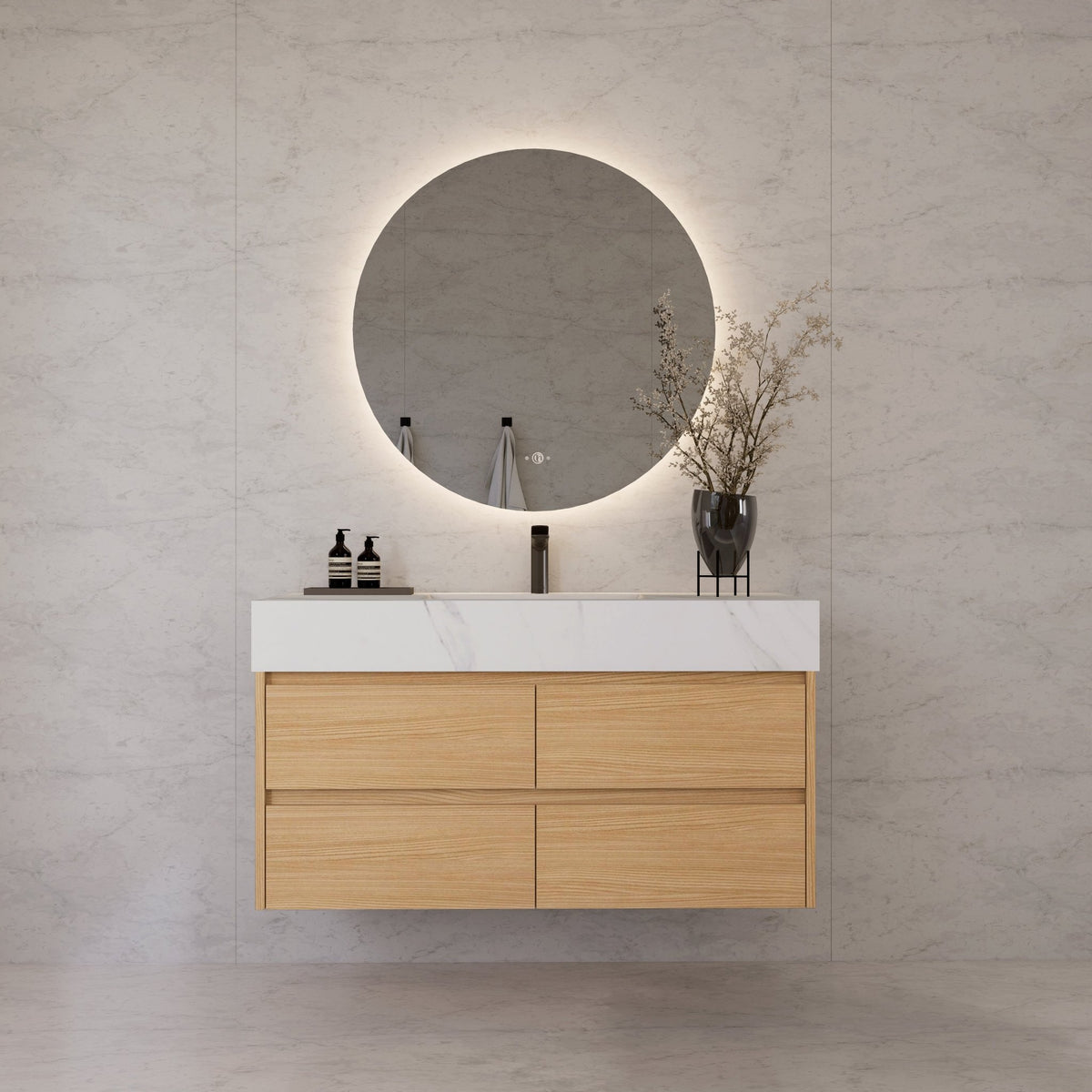 48"，60" Nature Oak Sintered Stone Top With Four Drawer Floating Bathroom Vanity -VanityNature Oak