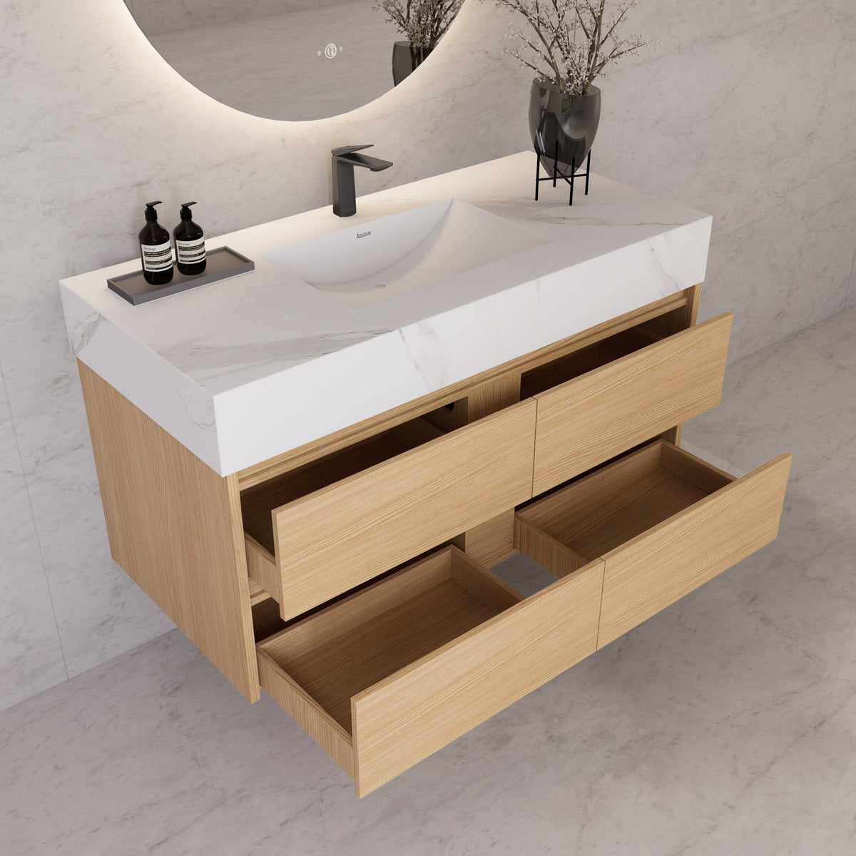 48"，60" Nature Oak Sintered Stone Top With Four Drawer Floating Bathroom Vanity -VanityNature Oak