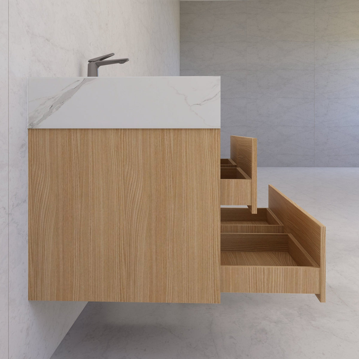 48"，60" Nature Oak Sintered Stone Top With Four Drawer Floating Bathroom Vanity -VanityNature Oak