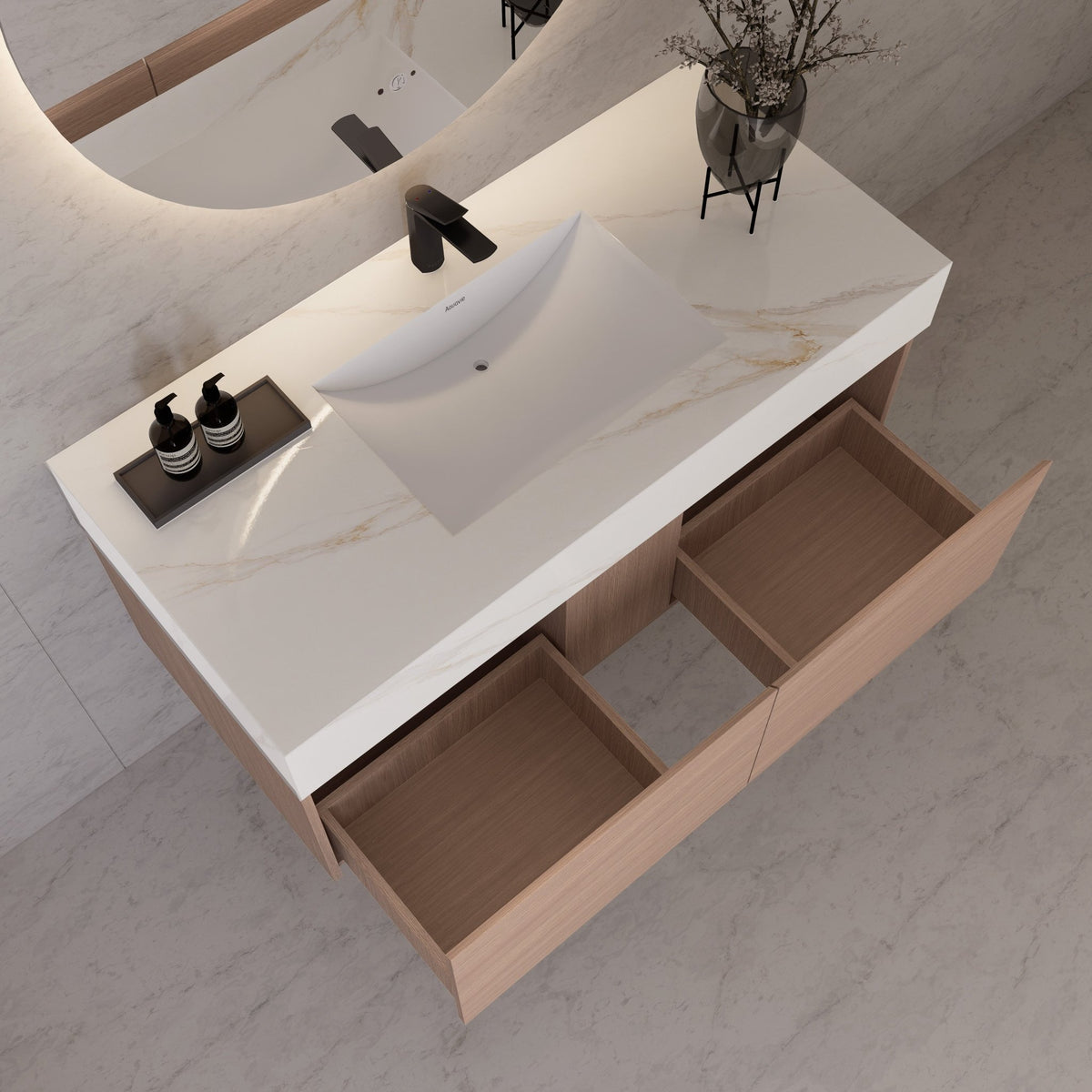 48"/60" Smoked Oak Floating Bathroom Vanity, 2 Side-by-Side Drawers, Single Sink, Sintered Stone Top -Vanity