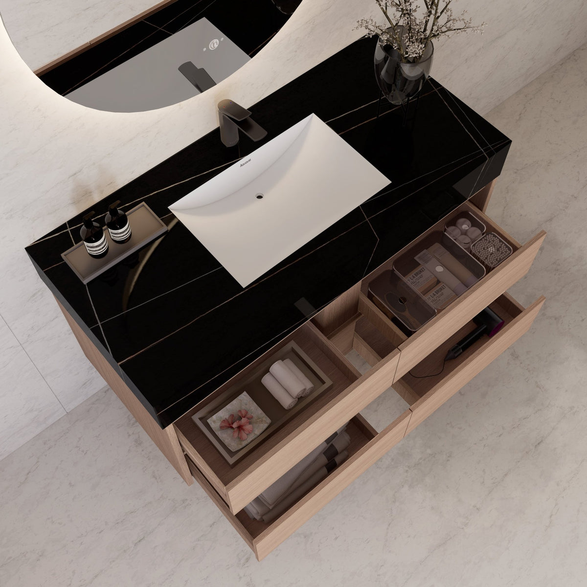 48"，60" Smoked Oak Sintered Stone Top With Four Drawer Floating Bathroom Vanity -VanitySmoked Oak