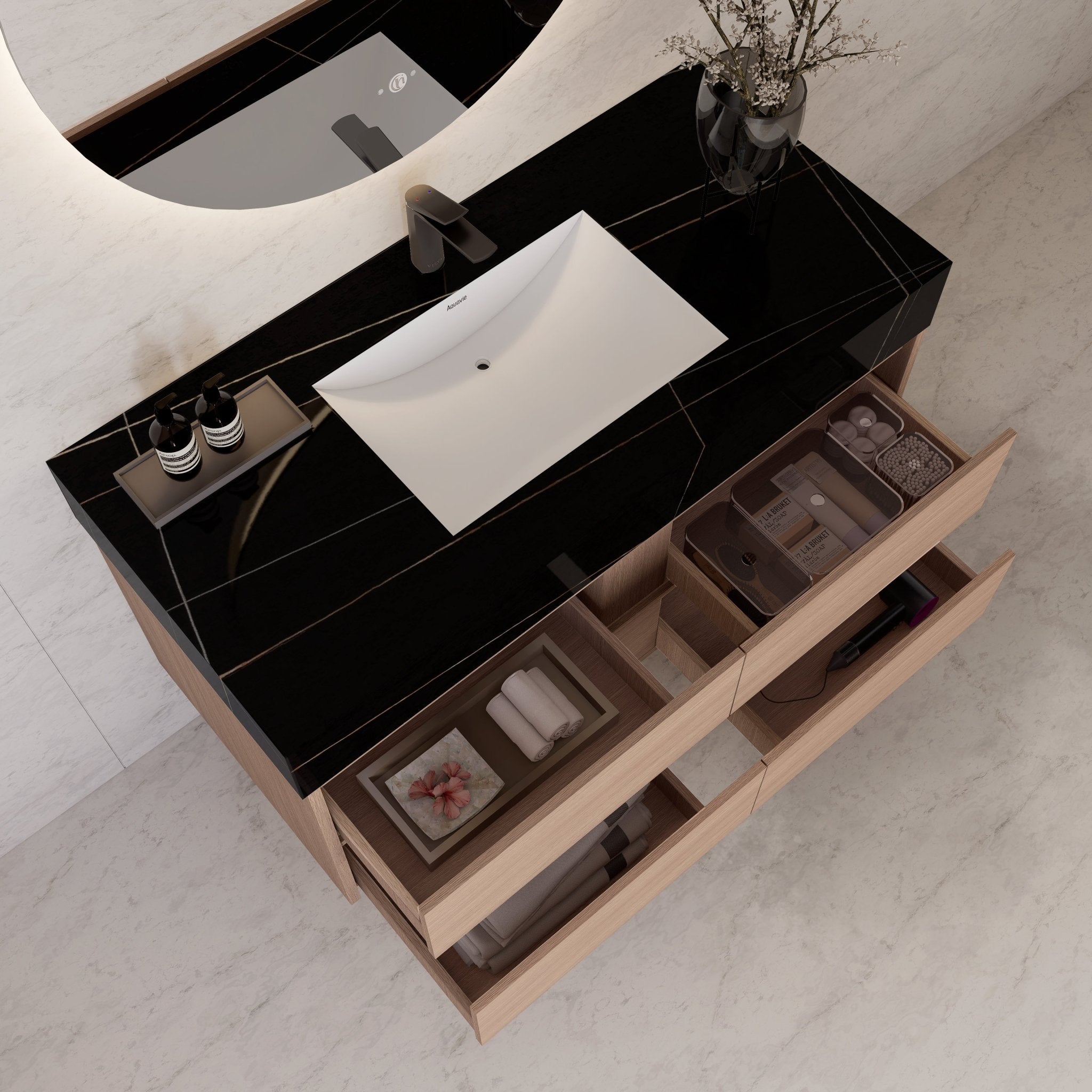 48"，60" Smoked Oak Sintered Stone Top With Four Drawer Floating Bathroom Vanity -VanitySmoked Oak