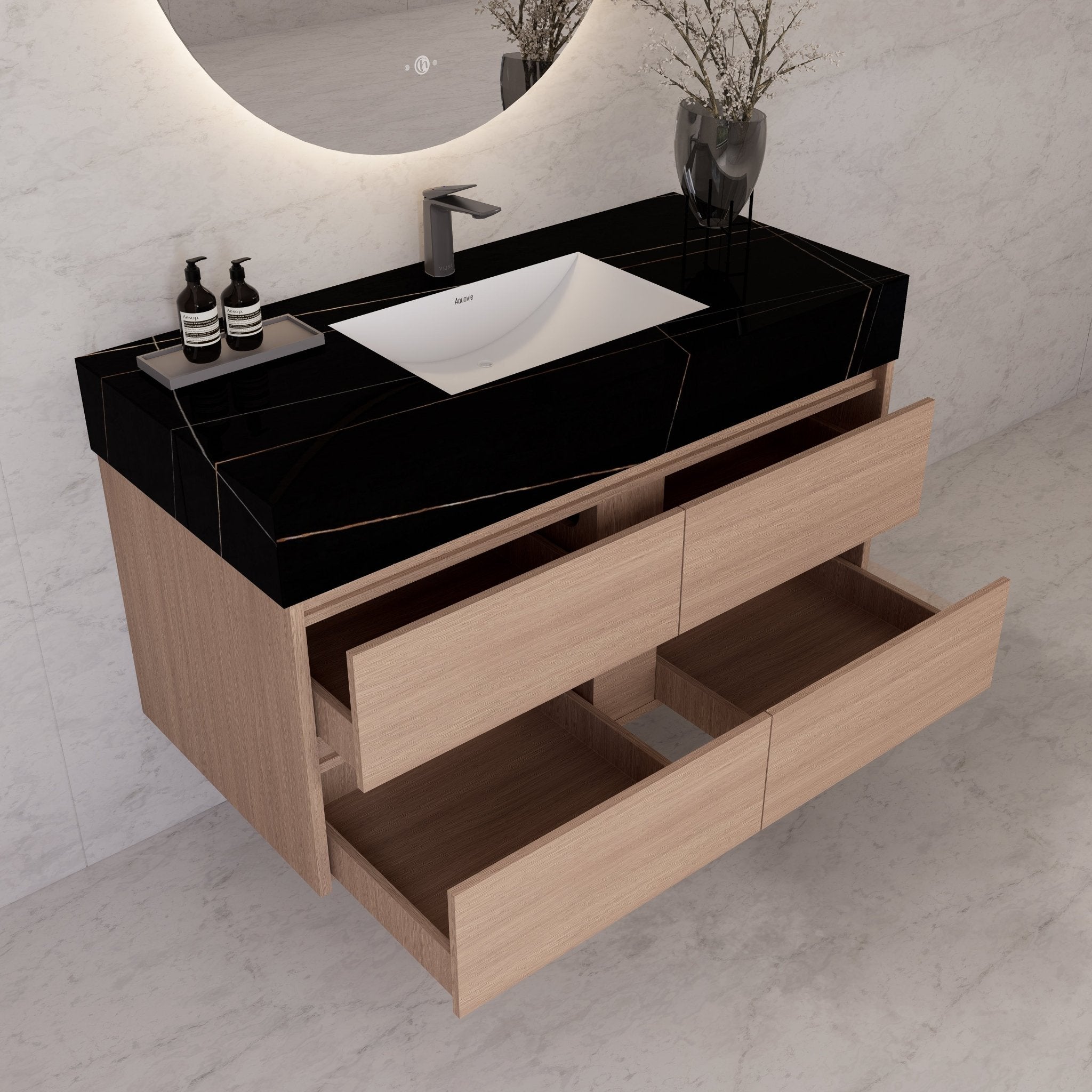 48"，60" Smoked Oak Sintered Stone Top With Four Drawer Floating Bathroom Vanity -VanitySmoked Oak