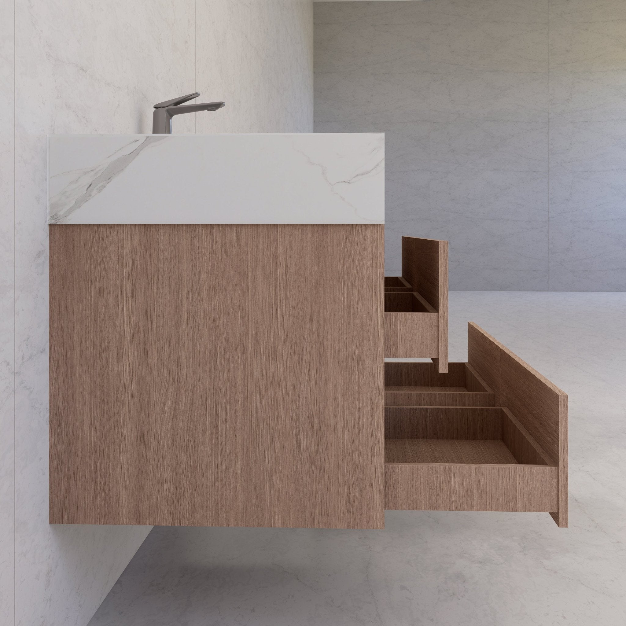 48"，60" Smoked Oak Sintered Stone Top With Four Drawer Floating Bathroom Vanity -VanitySmoked Oak