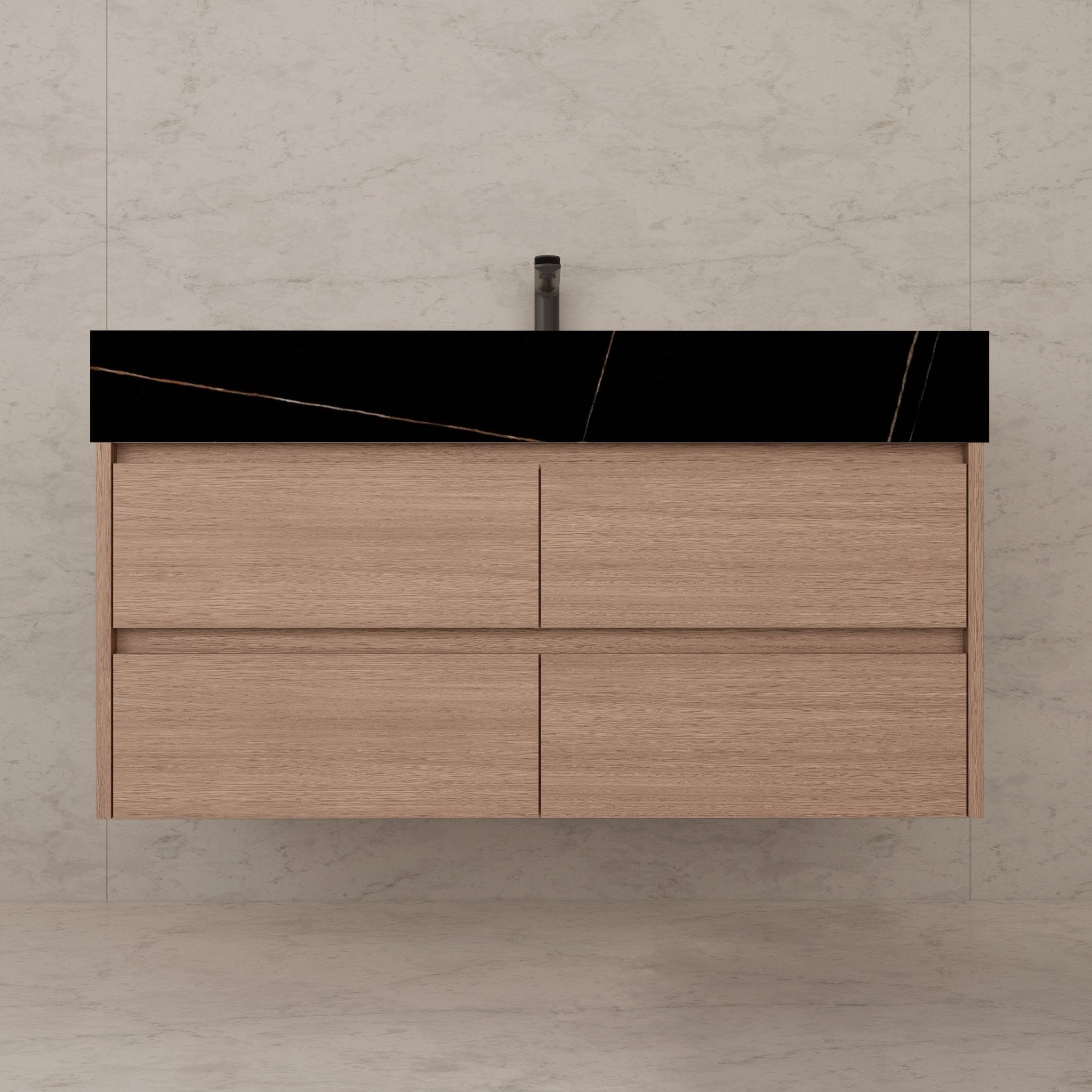 48"，60" Smoked Oak Sintered Stone Top With Four Drawer Floating Bathroom Vanity -VanitySmoked Oak
