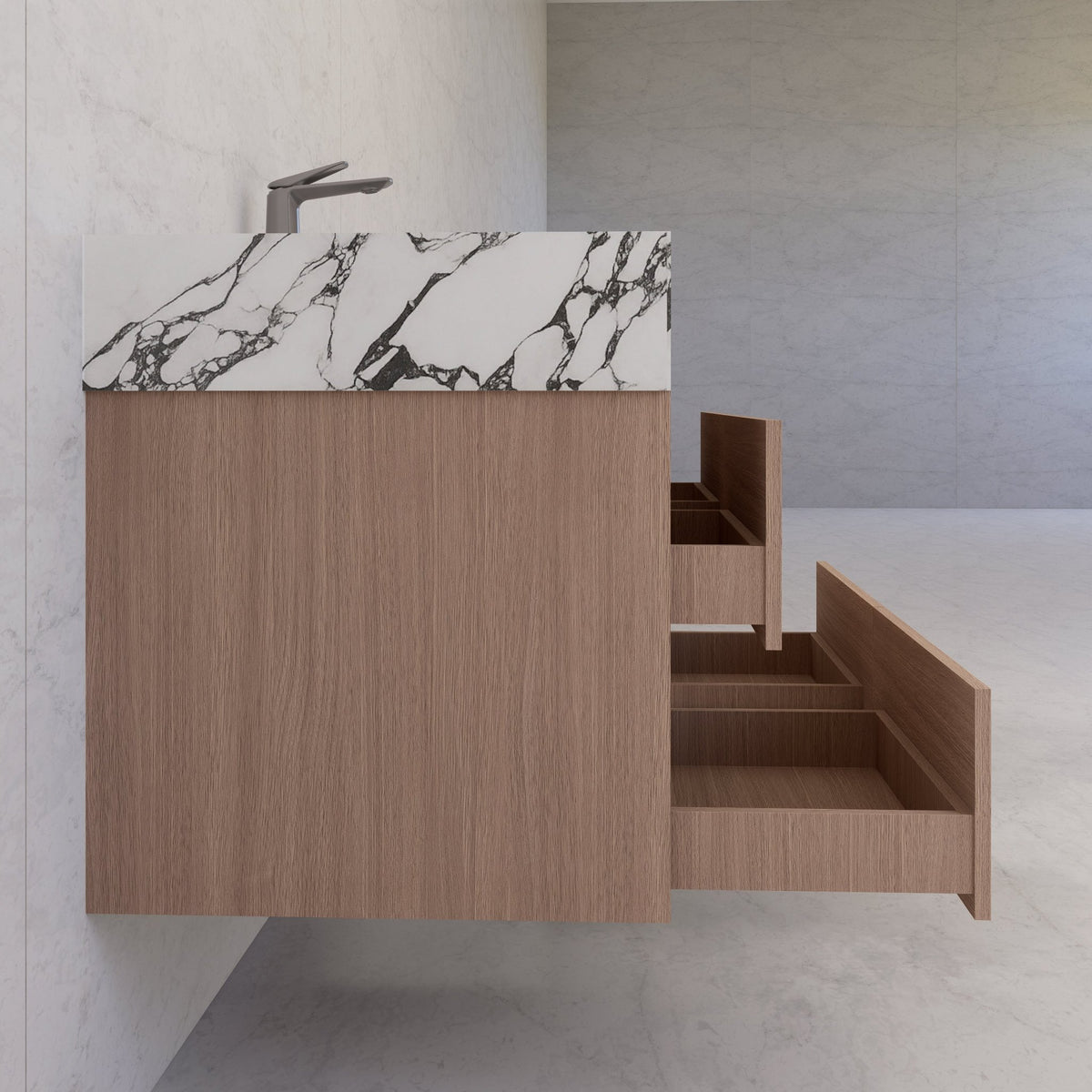 48"，60" Smoked Oak Sintered Stone Top With Four Drawer Floating Bathroom Vanity -VanitySmoked Oak
