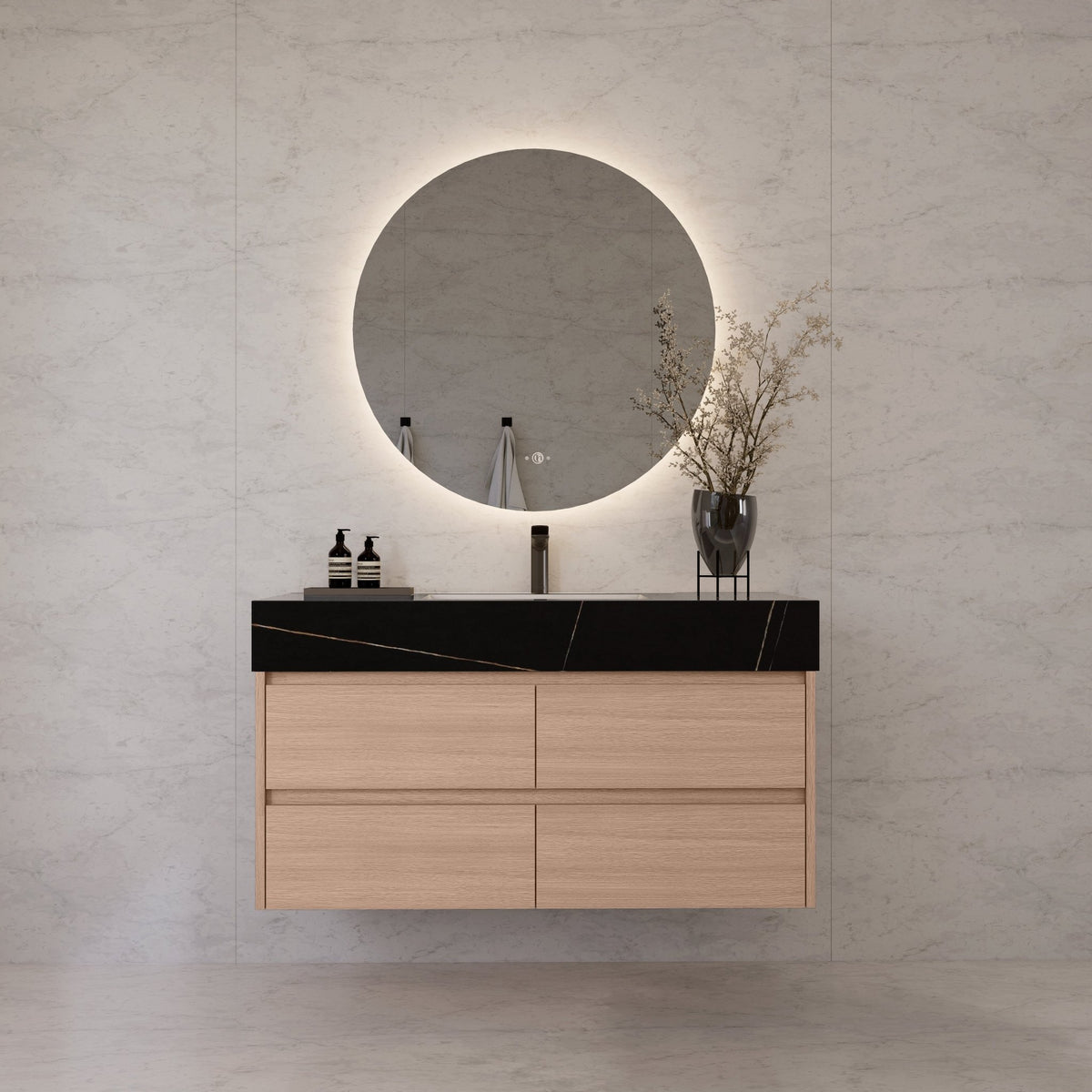 48"，60" Smoked Oak Sintered Stone Top With Four Drawer Floating Bathroom Vanity -VanitySmoked Oak