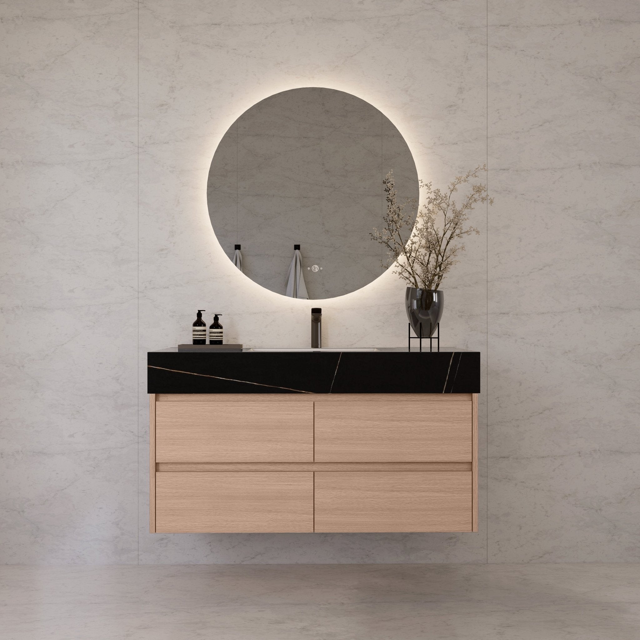 48"，60" Smoked Oak Sintered Stone Top With Four Drawer Floating Bathroom Vanity -VanitySmoked Oak
