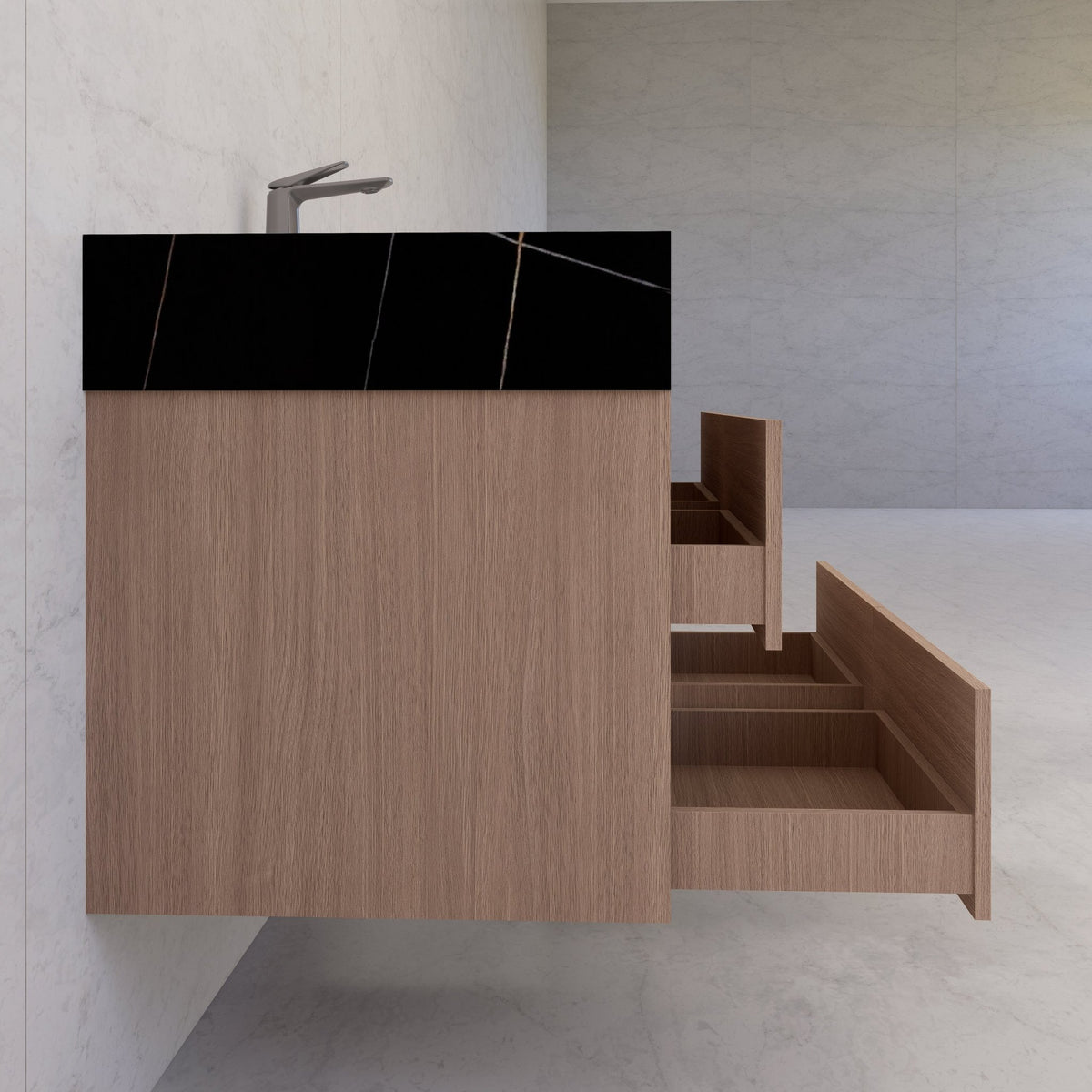 48"，60" Smoked Oak Sintered Stone Top With Four Drawer Floating Bathroom Vanity -VanitySmoked Oak