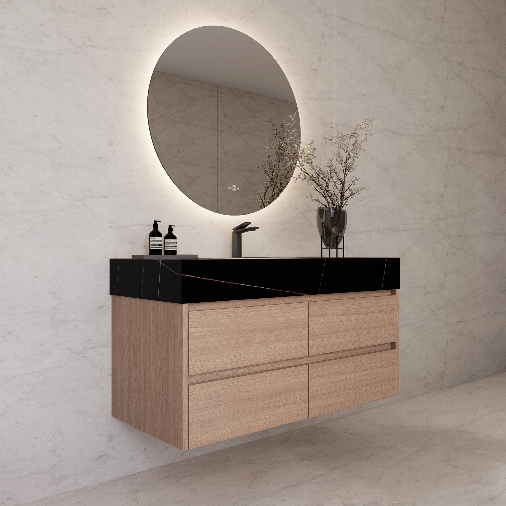 48"，60" Smoked Oak Sintered Stone Top With Four Drawer Floating Bathroom Vanity -VanitySmoked Oak