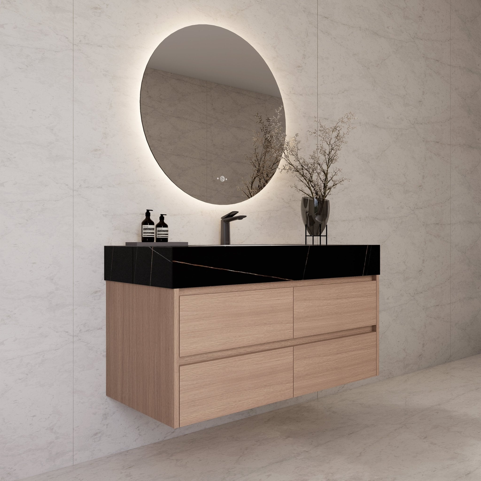 48"，60" Smoked Oak Sintered Stone Top With Four Drawer Floating Bathroom Vanity -VanitySmoked Oak