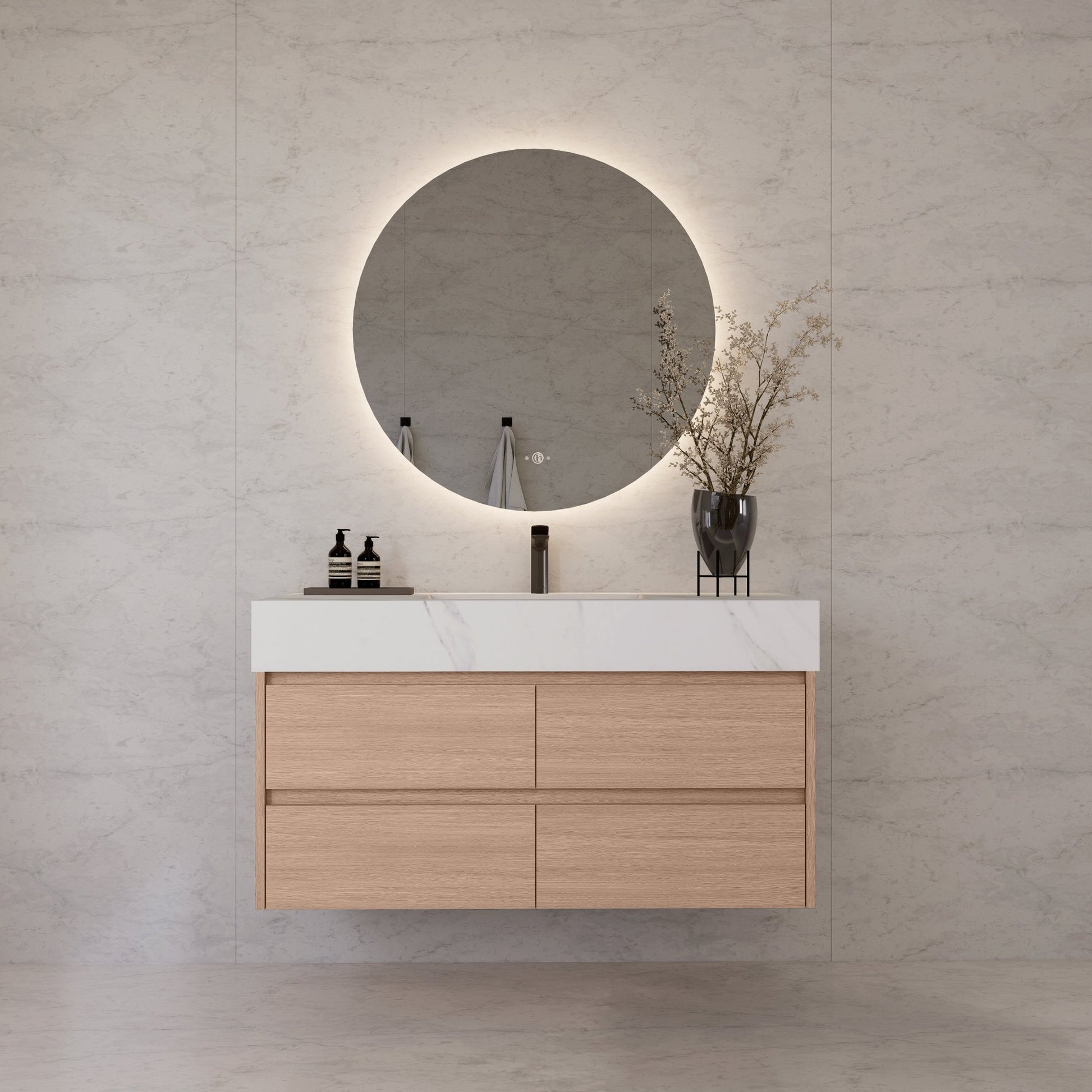 48"，60" Smoked Oak Sintered Stone Top With Four Drawer Floating Bathroom Vanity -VanitySmoked Oak
