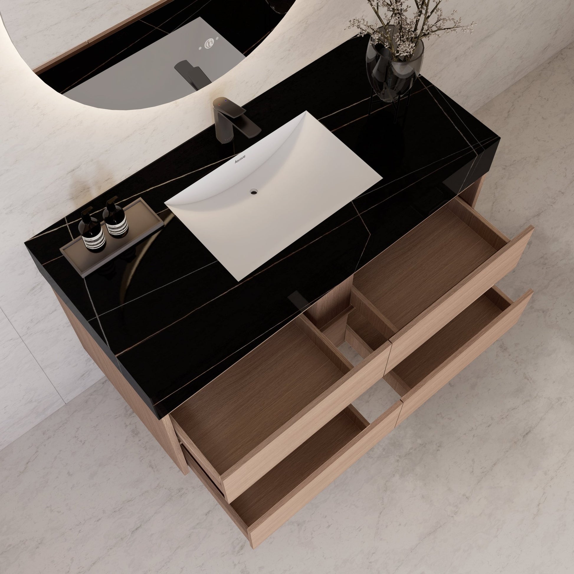 48"，60" Smoked Oak Sintered Stone Top With Four Drawer Floating Bathroom Vanity -VanitySmoked Oak