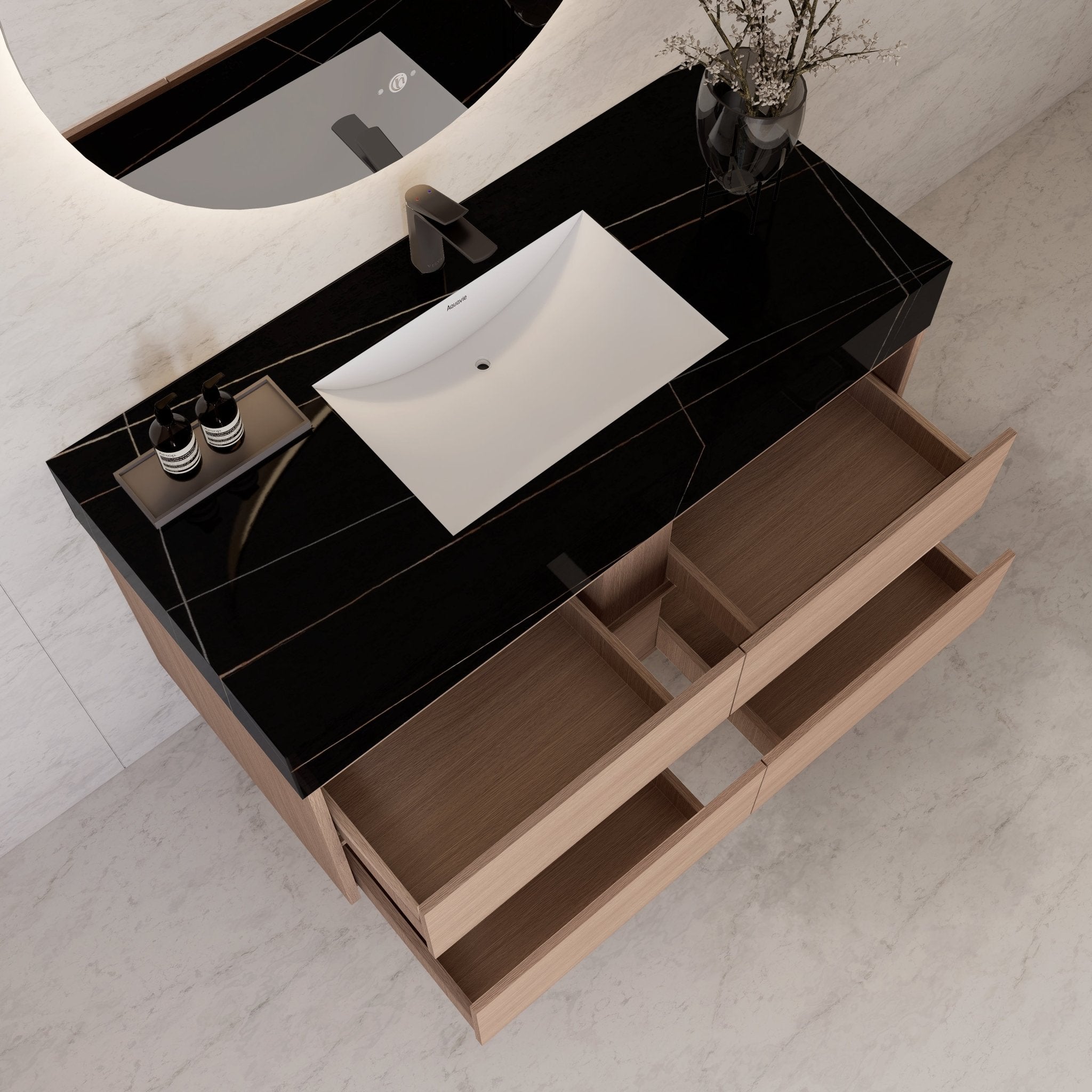 48"，60" Smoked Oak Sintered Stone Top With Four Drawer Floating Bathroom Vanity -VanitySmoked Oak
