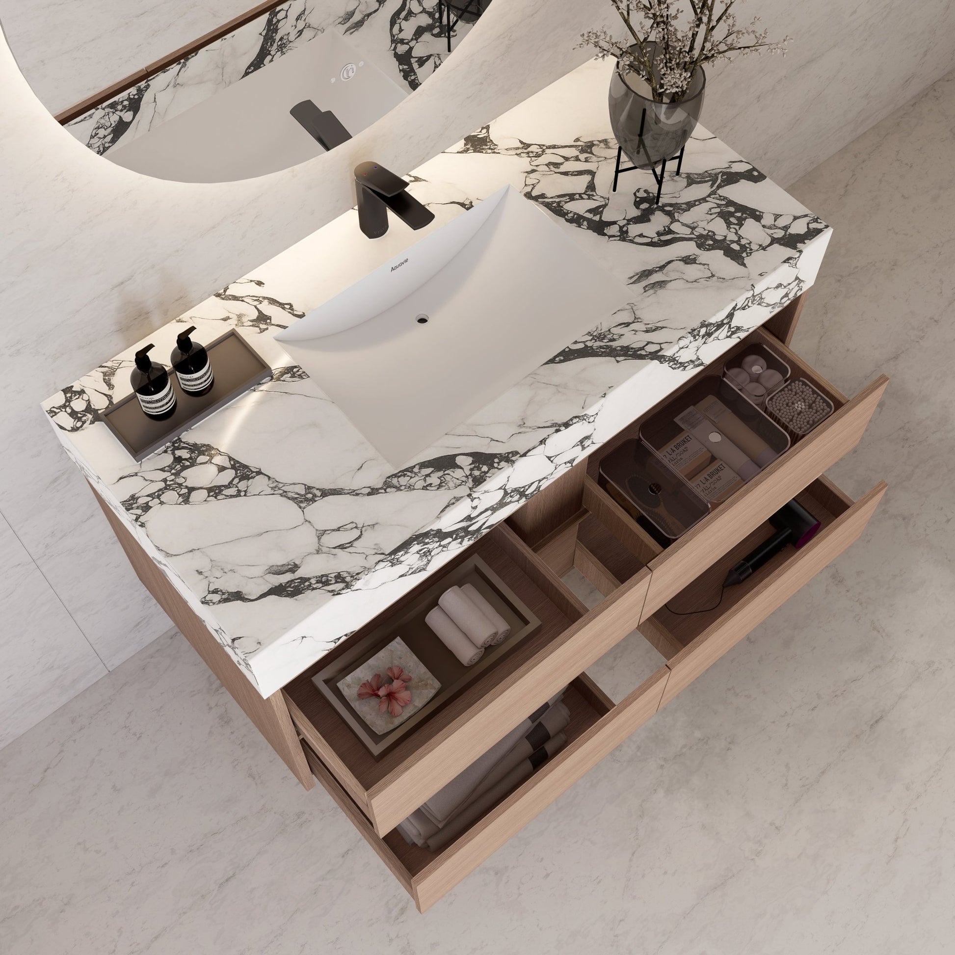 48"，60" Smoked Oak Sintered Stone Top With Four Drawer Floating Bathroom Vanity -VanitySmoked Oak