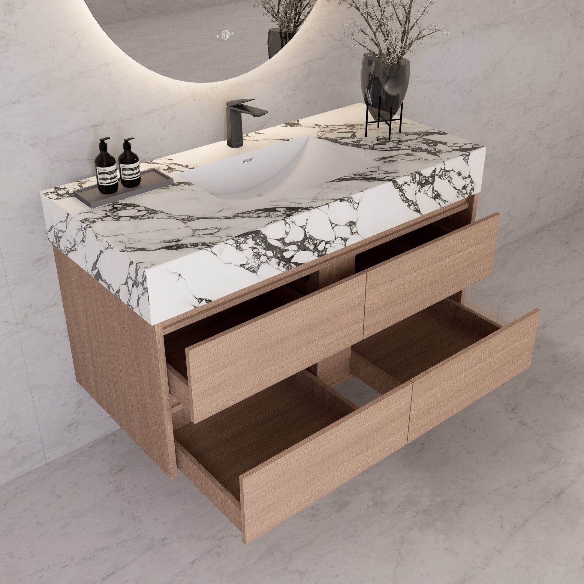 48"，60" Smoked Oak Sintered Stone Top With Four Drawer Floating Bathroom Vanity -VanitySmoked Oak