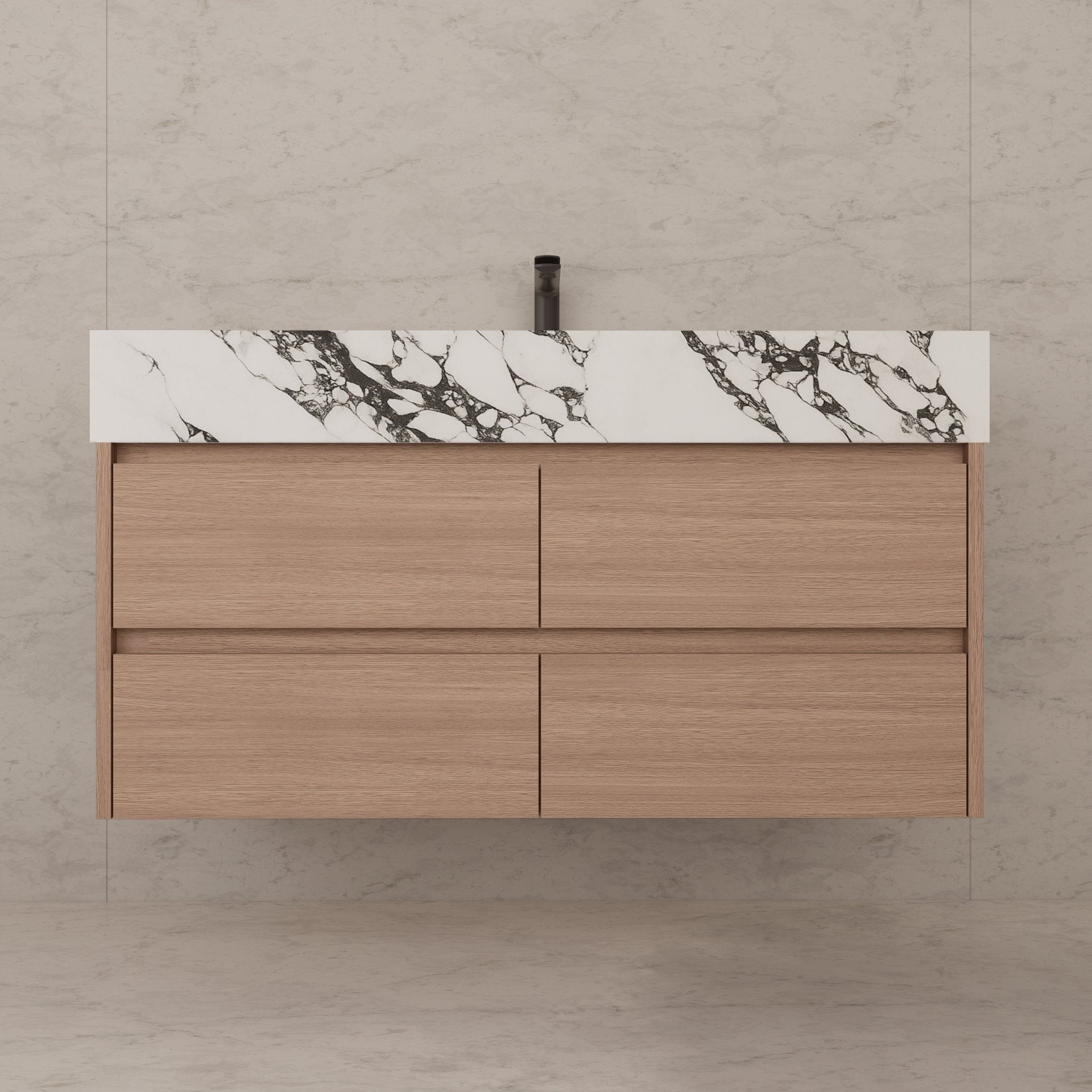 48"，60" Smoked Oak Sintered Stone Top With Four Drawer Floating Bathroom Vanity -VanitySmoked Oak