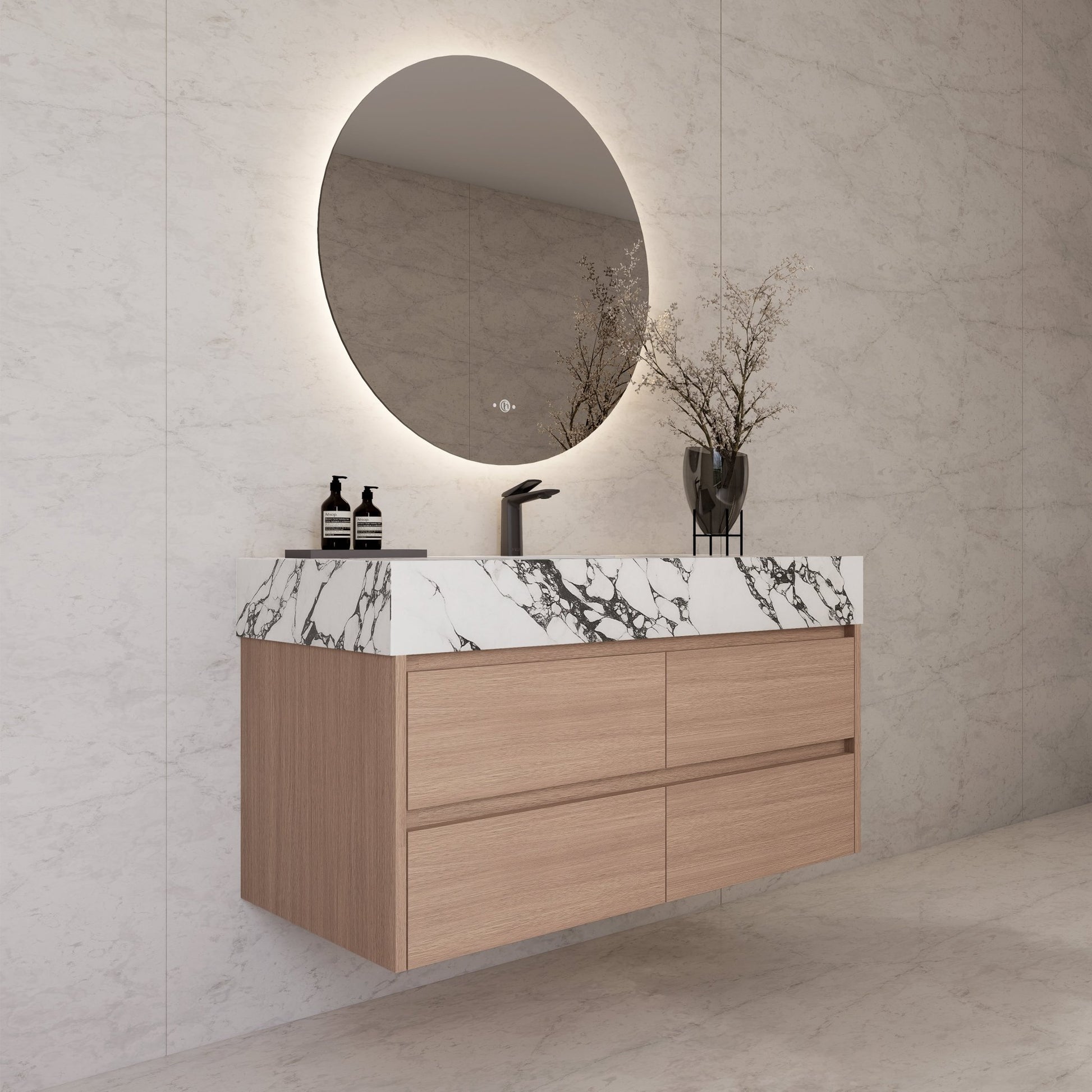 48"，60" Smoked Oak Sintered Stone Top With Four Drawer Floating Bathroom Vanity -VanitySmoked Oak