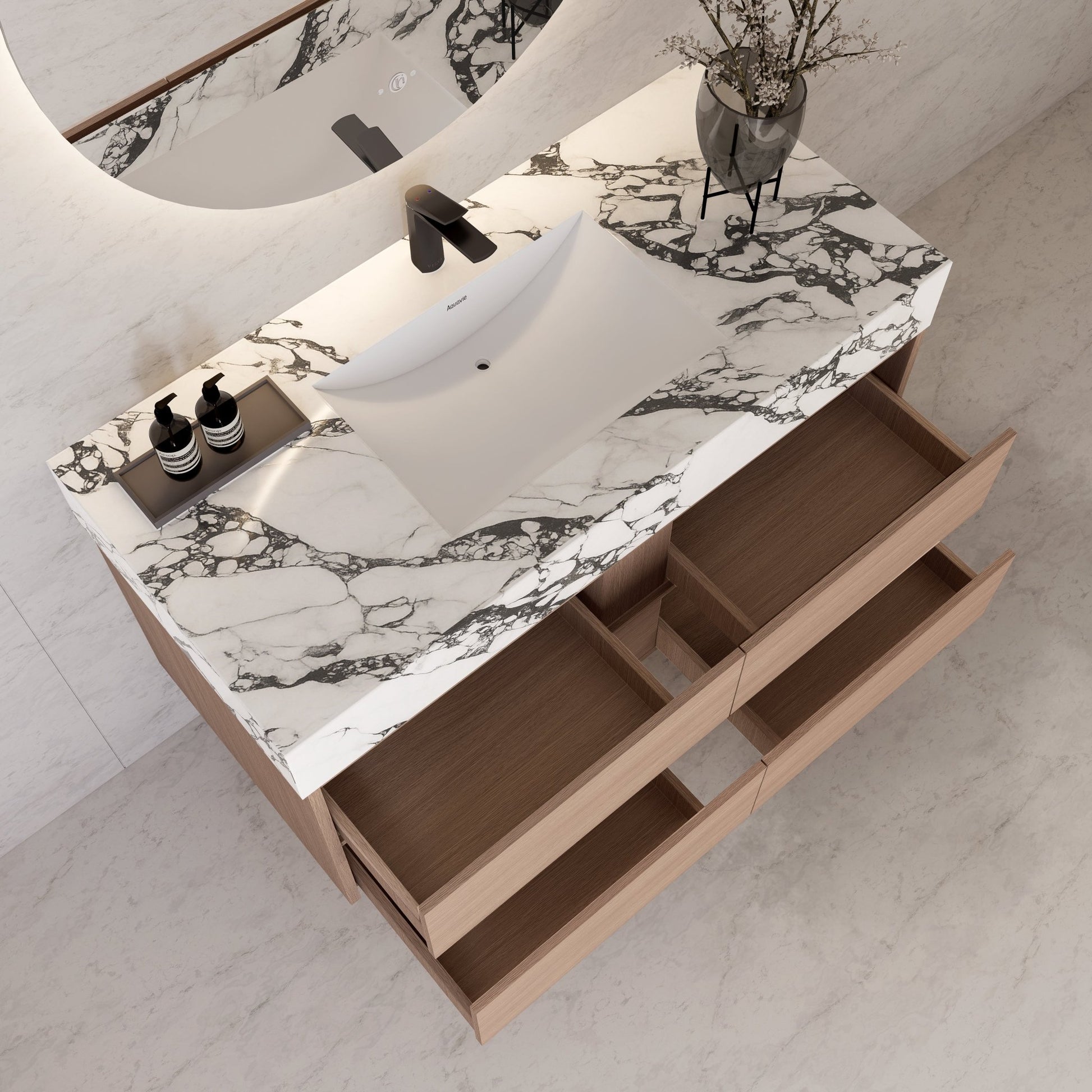 48"，60" Smoked Oak Sintered Stone Top With Four Drawer Floating Bathroom Vanity -VanitySmoked Oak
