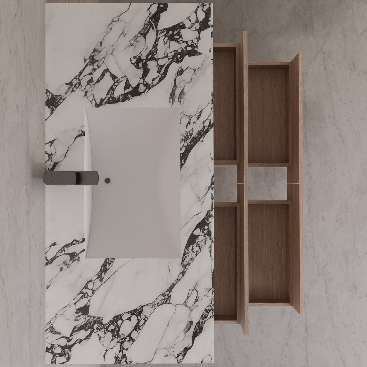 48"，60" Smoked Oak Sintered Stone Top With Four Drawer Floating Bathroom Vanity -VanitySmoked Oak