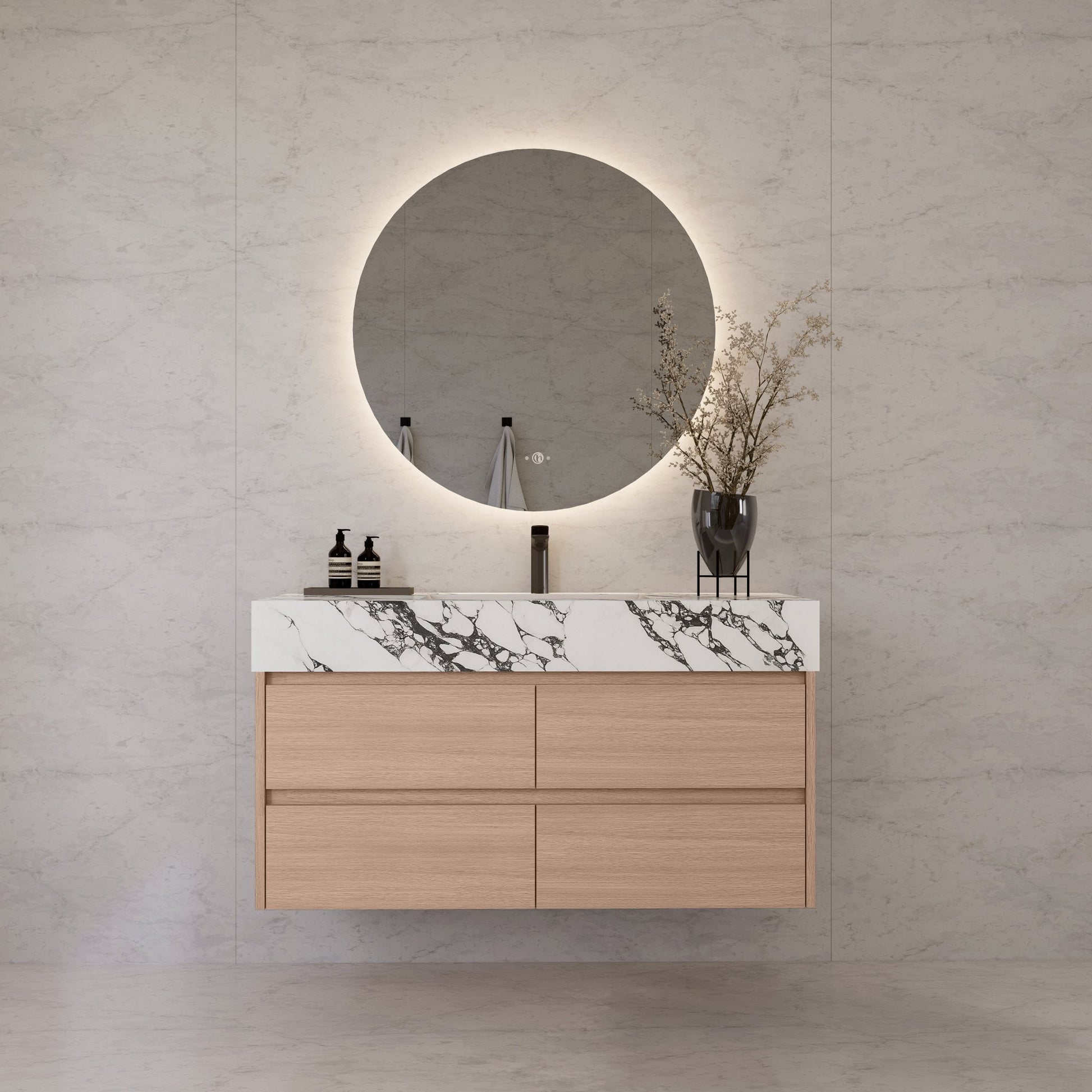 48"，60" Smoked Oak Sintered Stone Top With Four Drawer Floating Bathroom Vanity -VanitySmoked Oak