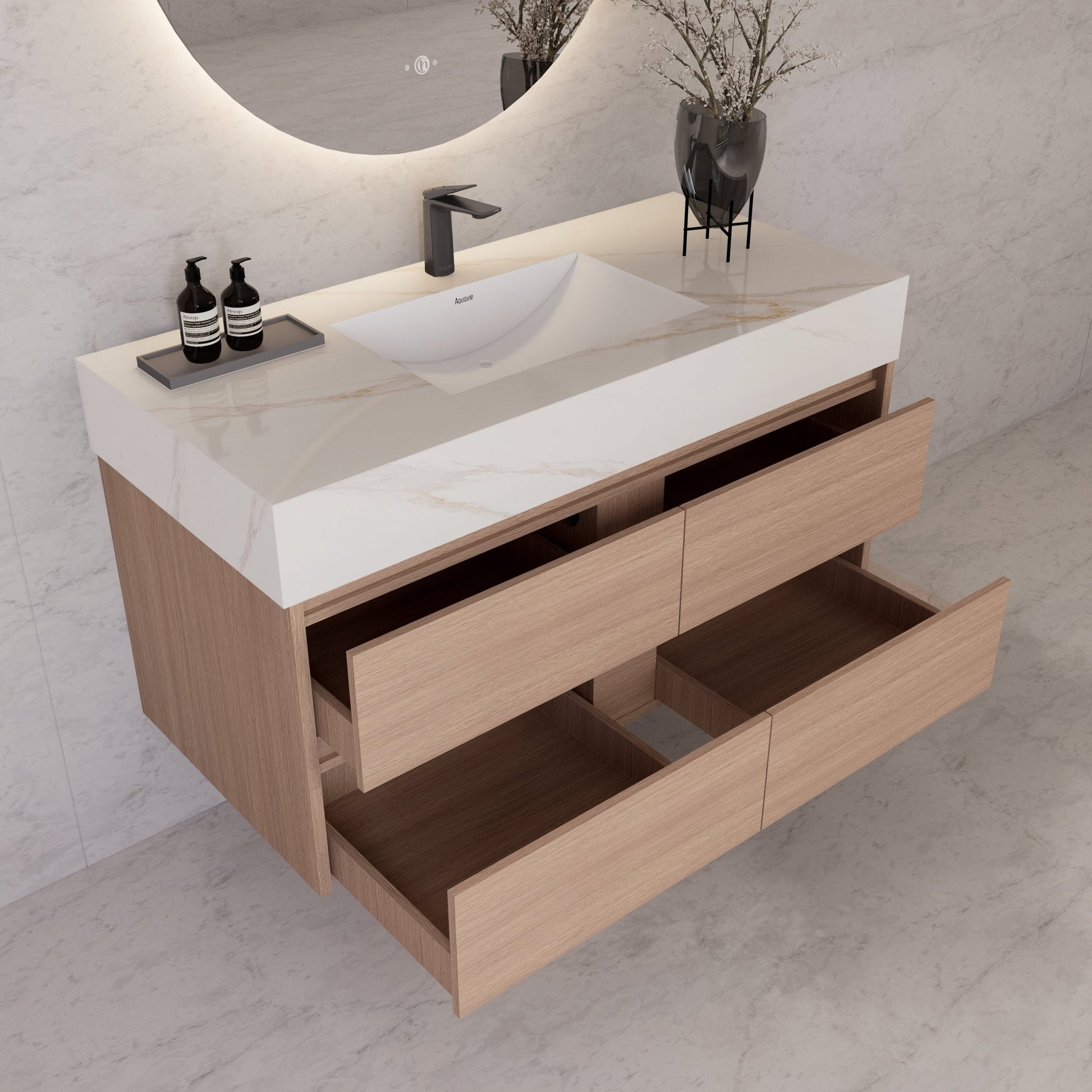 48"，60" Smoked Oak Sintered Stone Top With Four Drawer Floating Bathroom Vanity -VanitySmoked Oak