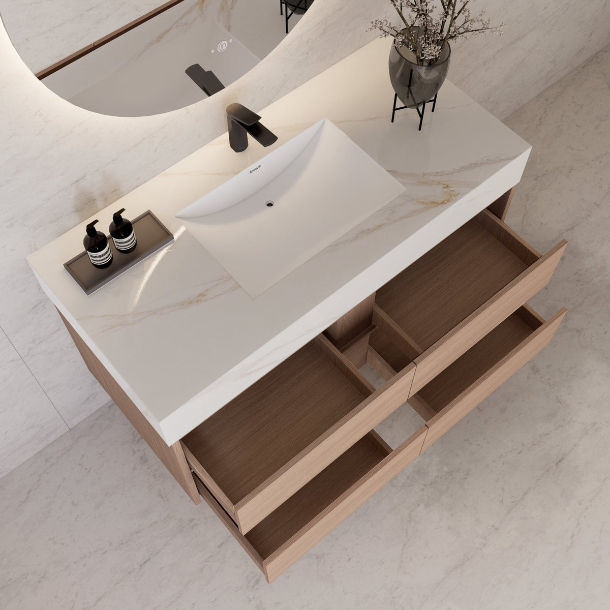 48"，60" Smoked Oak Sintered Stone Top With Four Drawer Floating Bathroom Vanity -VanitySmoked Oak